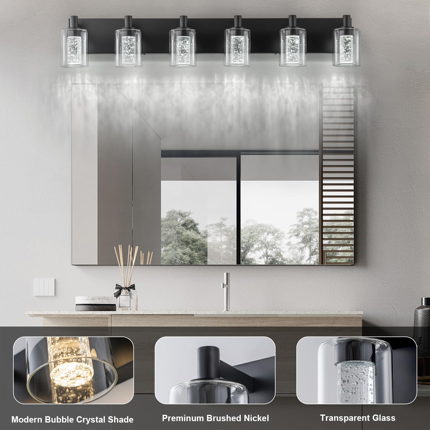 SineRise Vanity Light Fixture, Dimmable Modern Wall Light, 3 Color Modes, 6-Light, Black, Metal, Model S0028