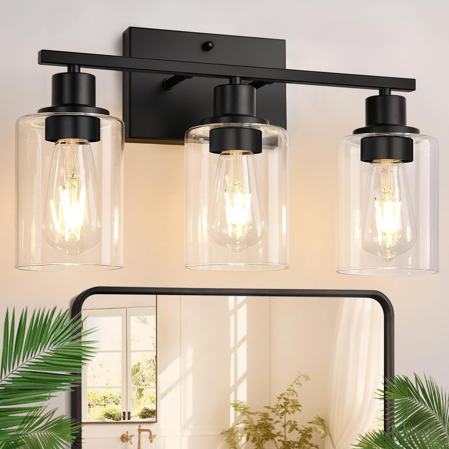 Indoi 3-Light Bathroom Light Fixtures, Matte Black Metal Vanity Lights with Clear Glass Shade, Model YX-032H