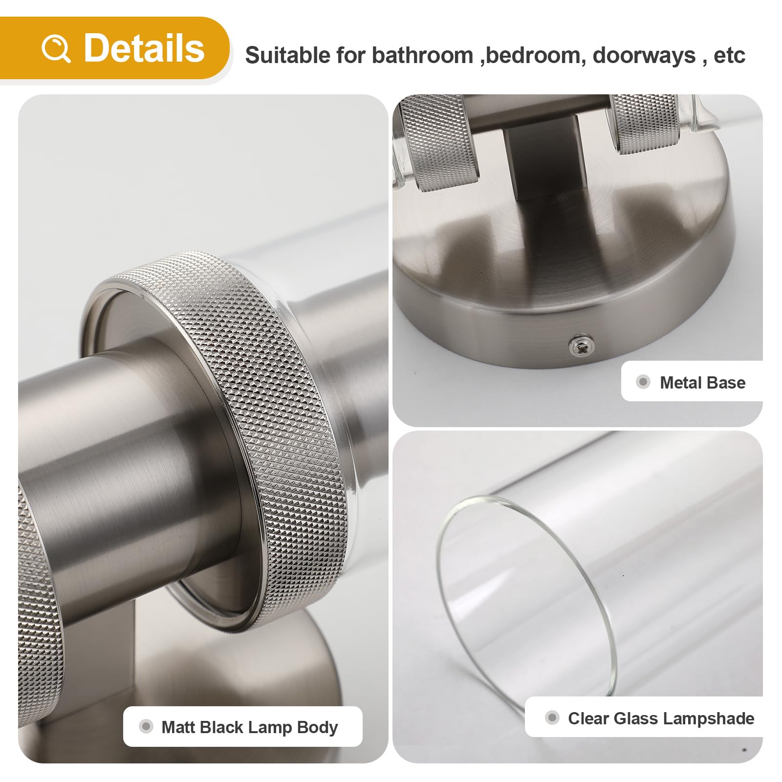 Ecobrt 2 Light Bathroom E26 Vanity Light Brushed Nickel, Bathroom Light Fixtures Side Mirror, Vintage Wall Lamp For Bedroom, Mod