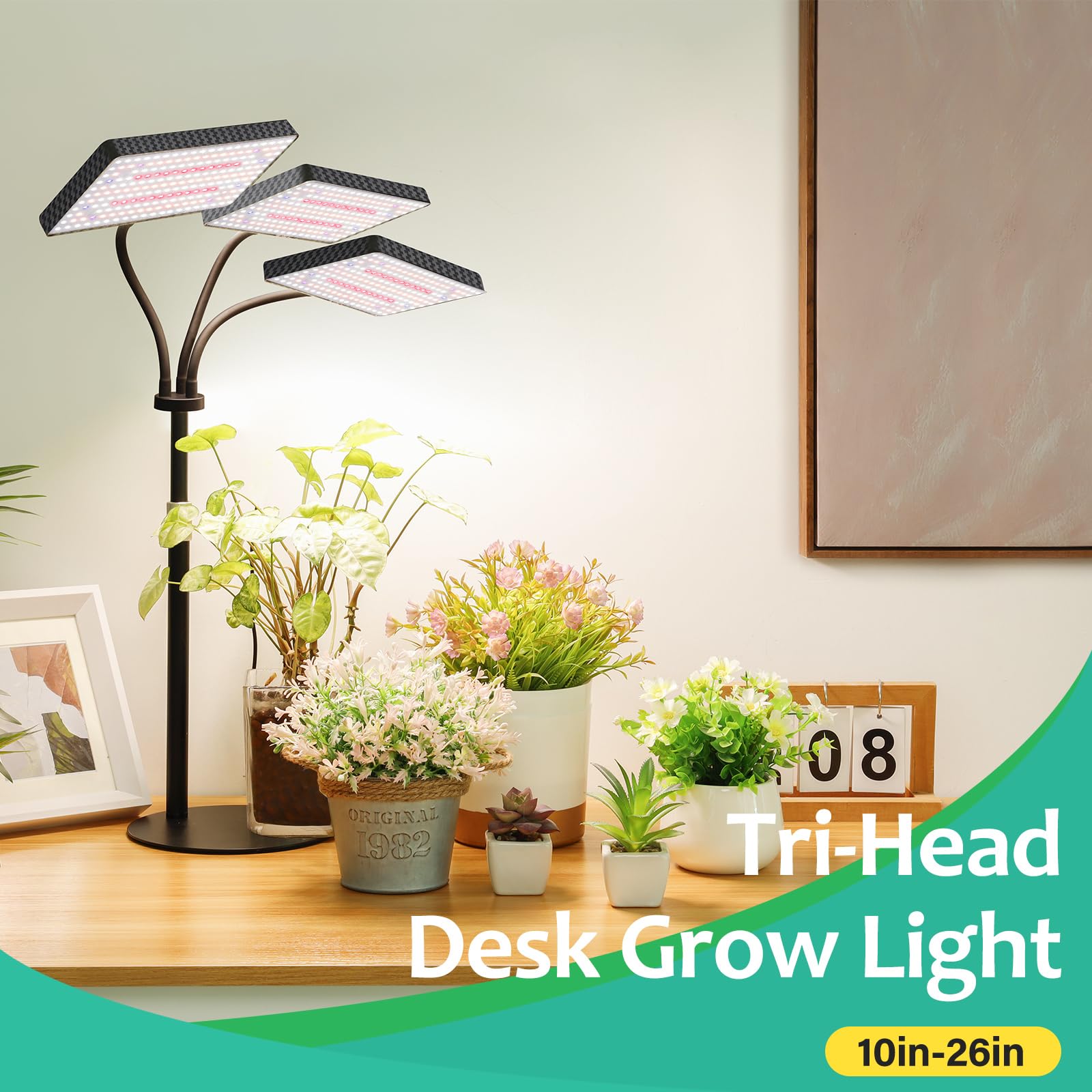 2024 Upgraded Desk Grow Lights For Indoor Plants, Tri-Head 642 Leds Tabletop Full Spectrum Grow Light, With 3/6/12H Timer, 6 Brightness Levels, 3 Lighting Modes, Height Adjustable For 10-26 Inches
