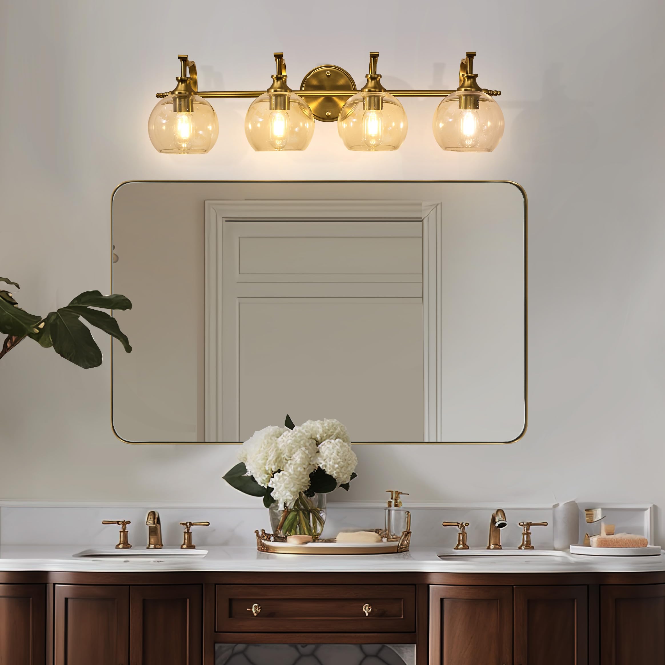 ANDY STAR Brass Vanity Light - 4-Light Gold Bathroom Fixture, Vintage Design with Globe Clear Glass Shade, E26 Base (Bulbs Not Included)