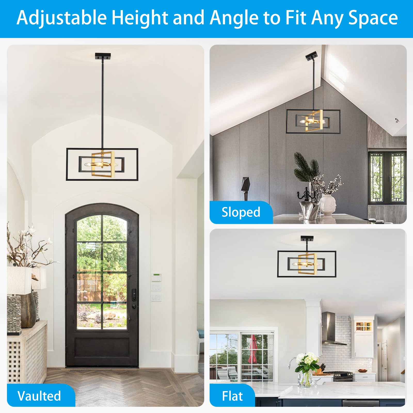 Xingqi Modern 5 Lights Chandelier Black And Gold Geometric Pendant Light Fixture 22'' Semi Flush Mount Ceiling Lights For Dining