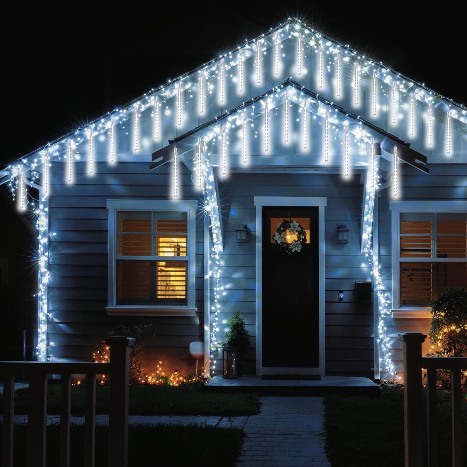 YIQU 2-Pack Meteor Shower Christmas Lights, Waterproof 16 Tubes, 384 LEDs, Cool White Outdoor Decorations