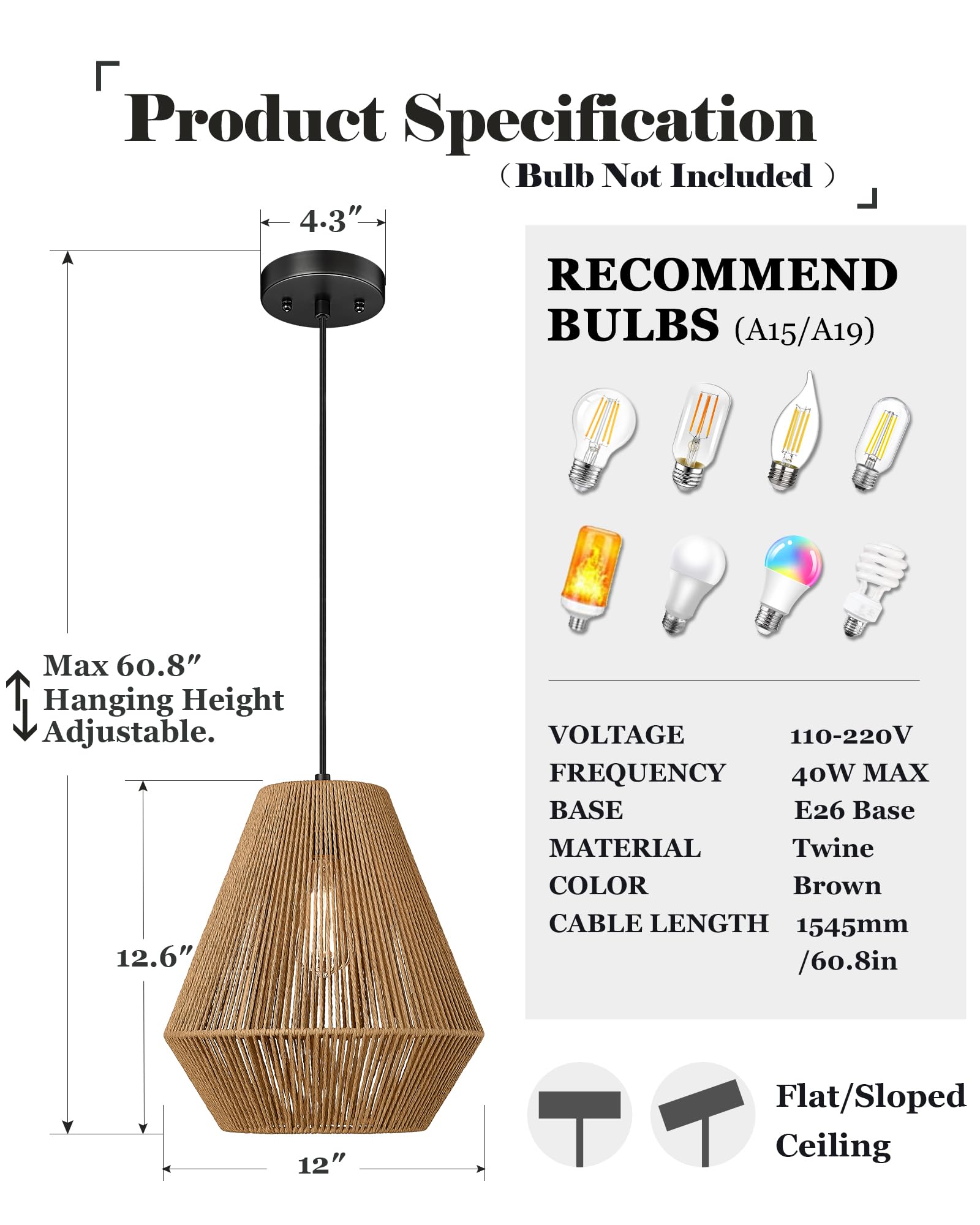 Elyona 12&quot; Woven Pendant Light, Boho Rattan Hanging Lamp For Kitchen, Dining, Bedroom, Hallway