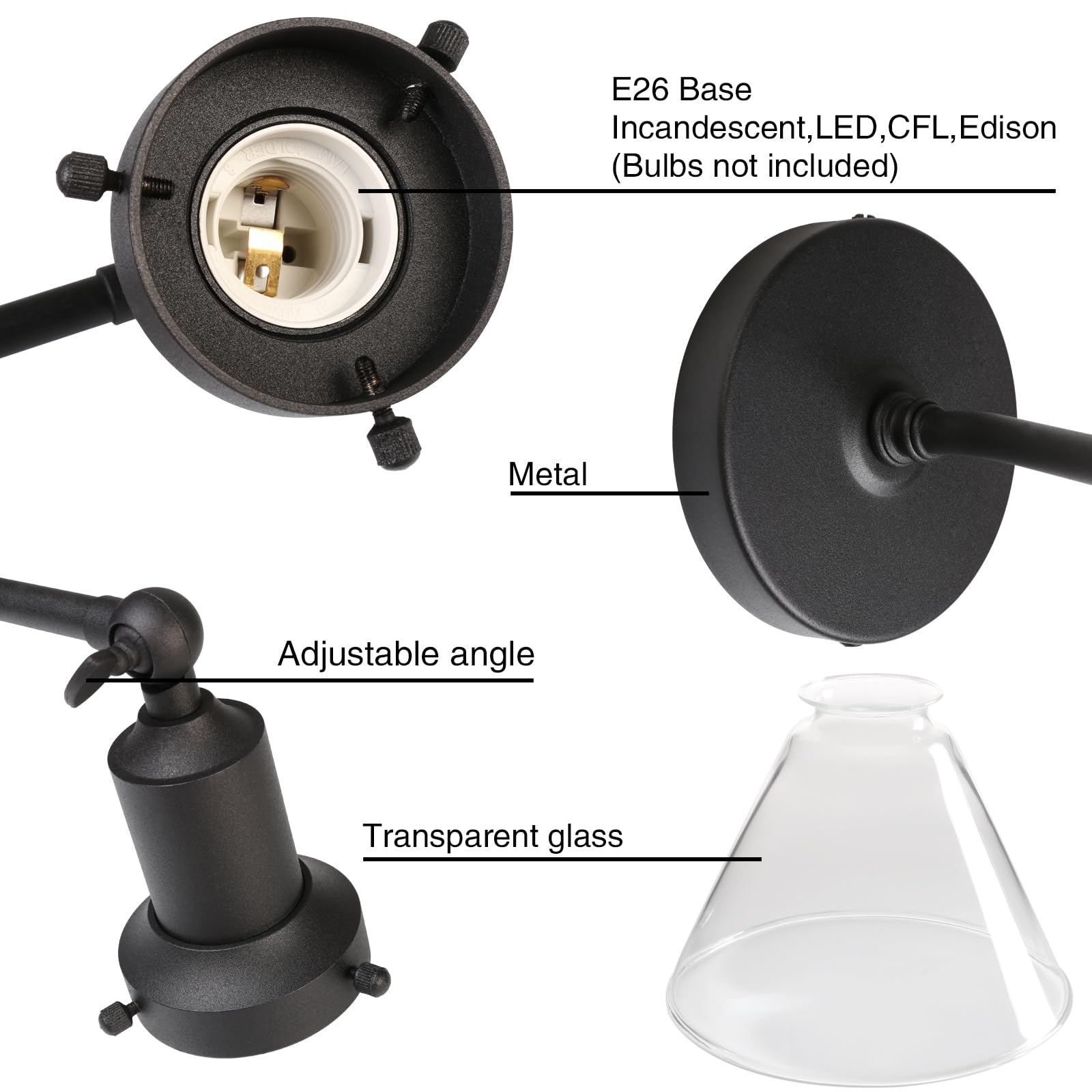 Permo Industrial Vintage Slope Pole Wall Mount Single Sconce With Funnel Flared Clear Glass Shade Wall Sconce Light Lamp Fixture