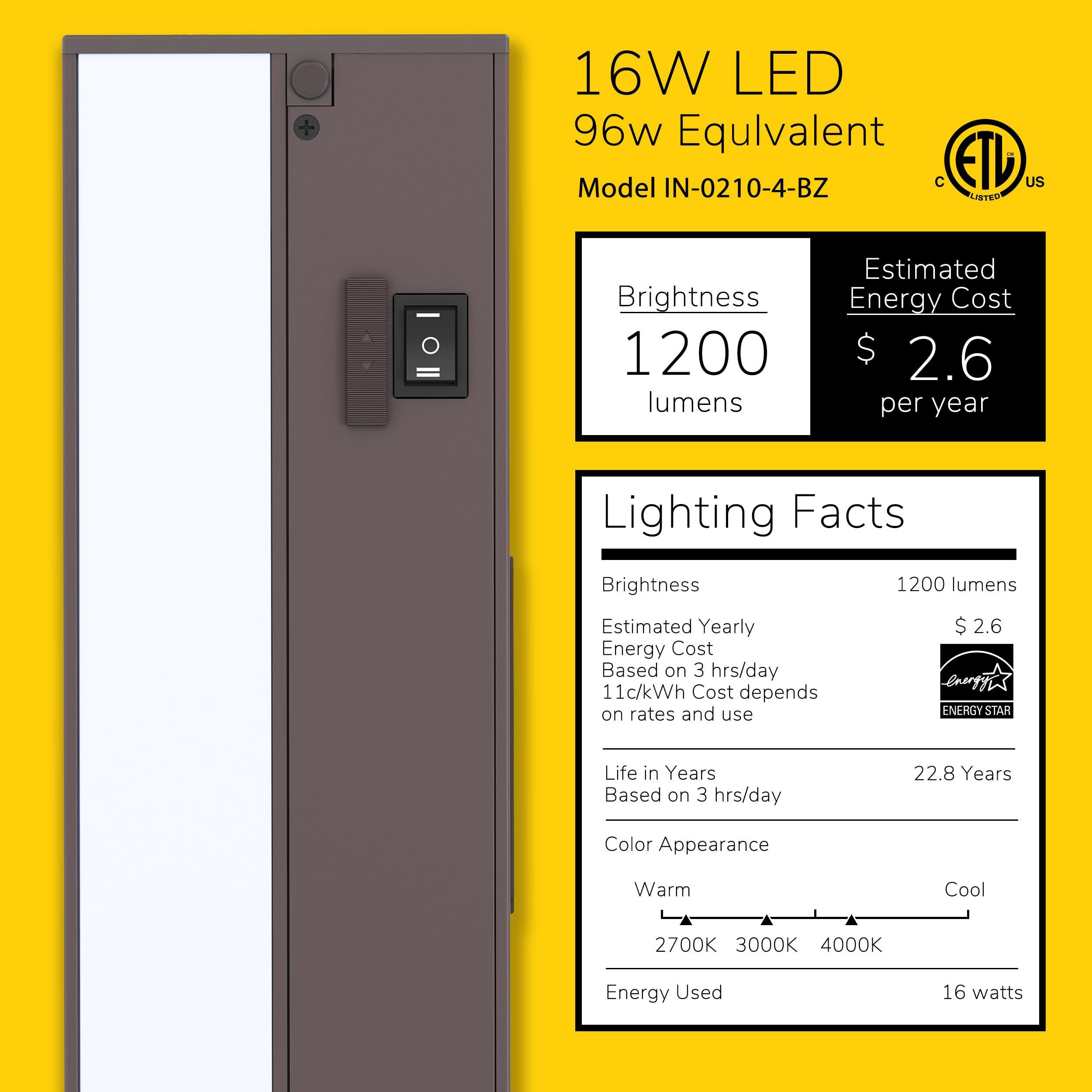 GETINLIGHT LED Under Cabinet Lighting, 32-inch, Dimmable 3 Color Levels, Bronze Finish, Model IN-0210-4-BZ