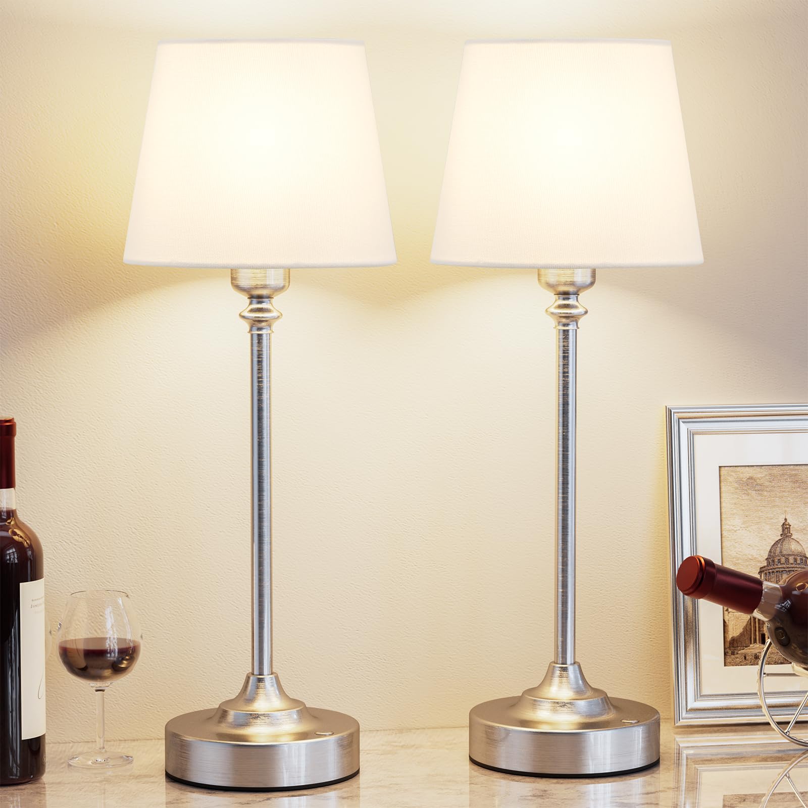 Cordless Table Lamps Rechargeable Set - 2 Pack Silver 4000Mah Battery Operated Lamps For Decor, 3000K Stepless Dimming Touch Con