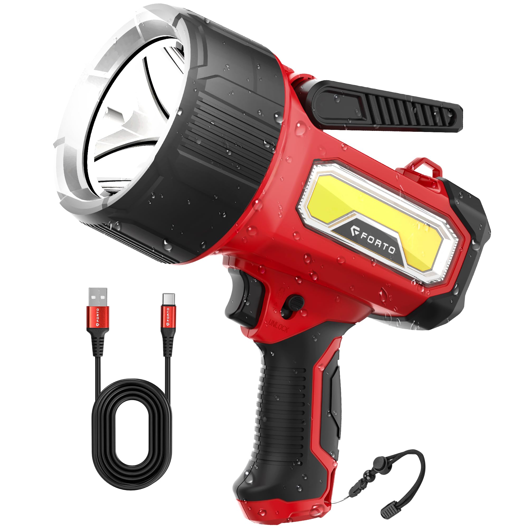 FORTO Rechargeable Spotlight Flashlight 80000 Candela 200000 Lumens IPX7 Waterproof Model SP2000R-N Red