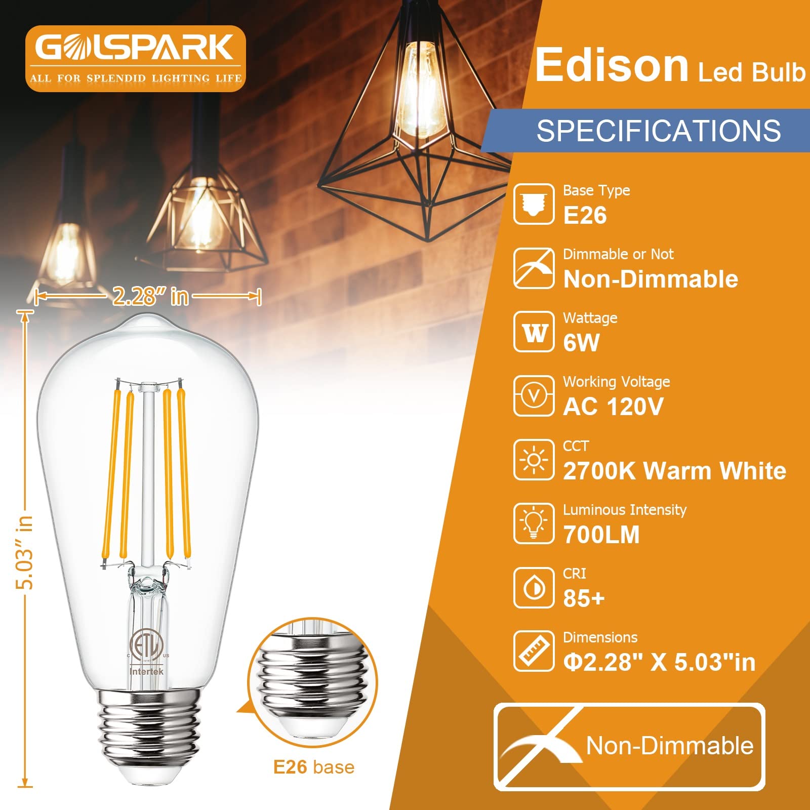 Vintage LED Edison Bulbs 4000K Natural Daylight, 6W E26 bulb 60 watt Equivalent, Golspark E26 Standard Base Clear Light Bulbs, S