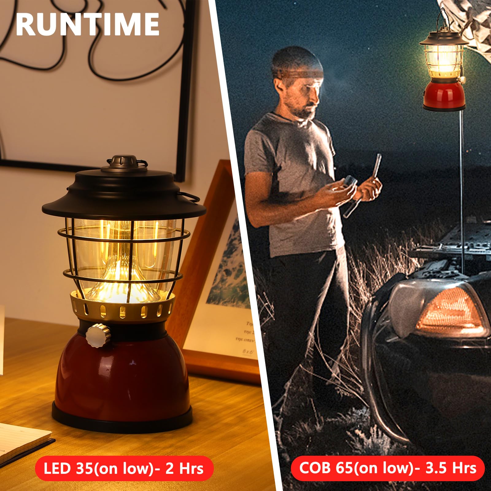 LED Camping Lantern Rechargeable Stepless Dimming Vintage Tent Lamp, 4000mAh Power Bank, IPX5 Waterproof Portable Hanging Campin