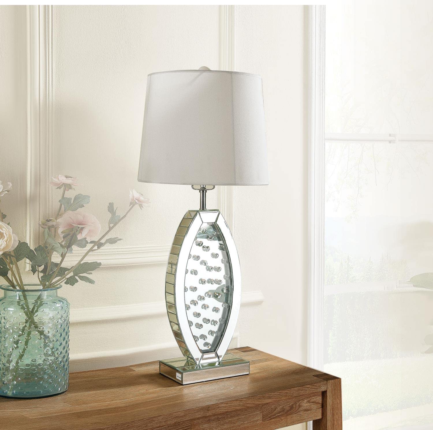 Acme Nysa Drum Shape Table Lamp in White Fabric and Mirrored