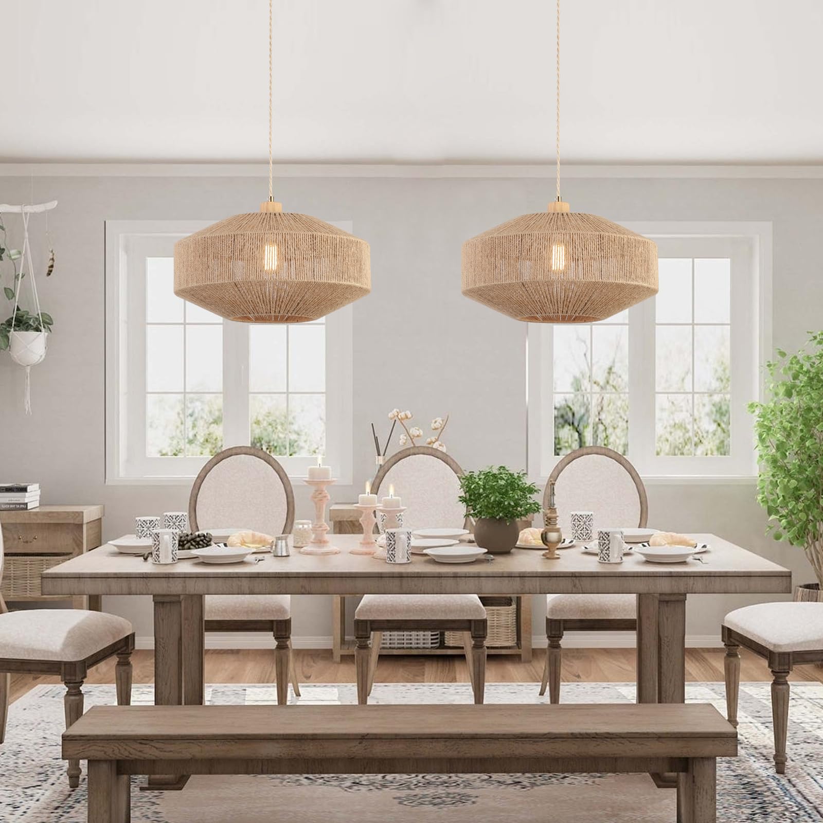 Hchunqjor Coastal Large Woven Pendant Light - Adjustable Hemp Rope Cage For Kitchen & Dining Room