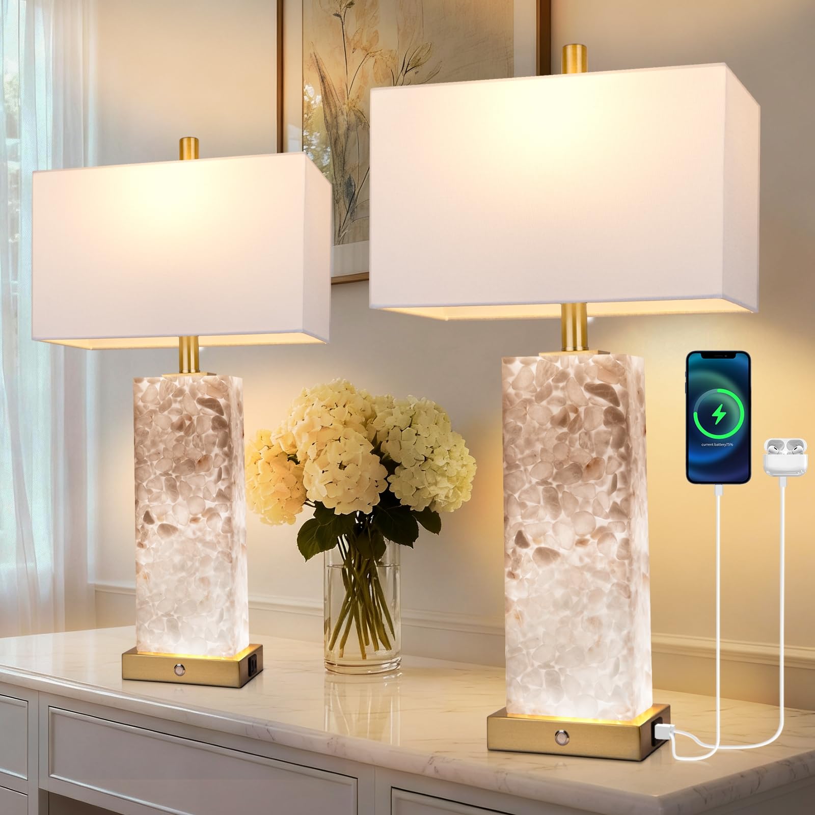 2-Pack 25.6 Alabaster Lamps  Marble Lamp Nightstand Lamps Set of 2  3-Color Temperatures Bedside Lamps with Nightlight  Modern Table Lamp with USB Ports for Living Room Bedroom Hotel  Bulbs Included