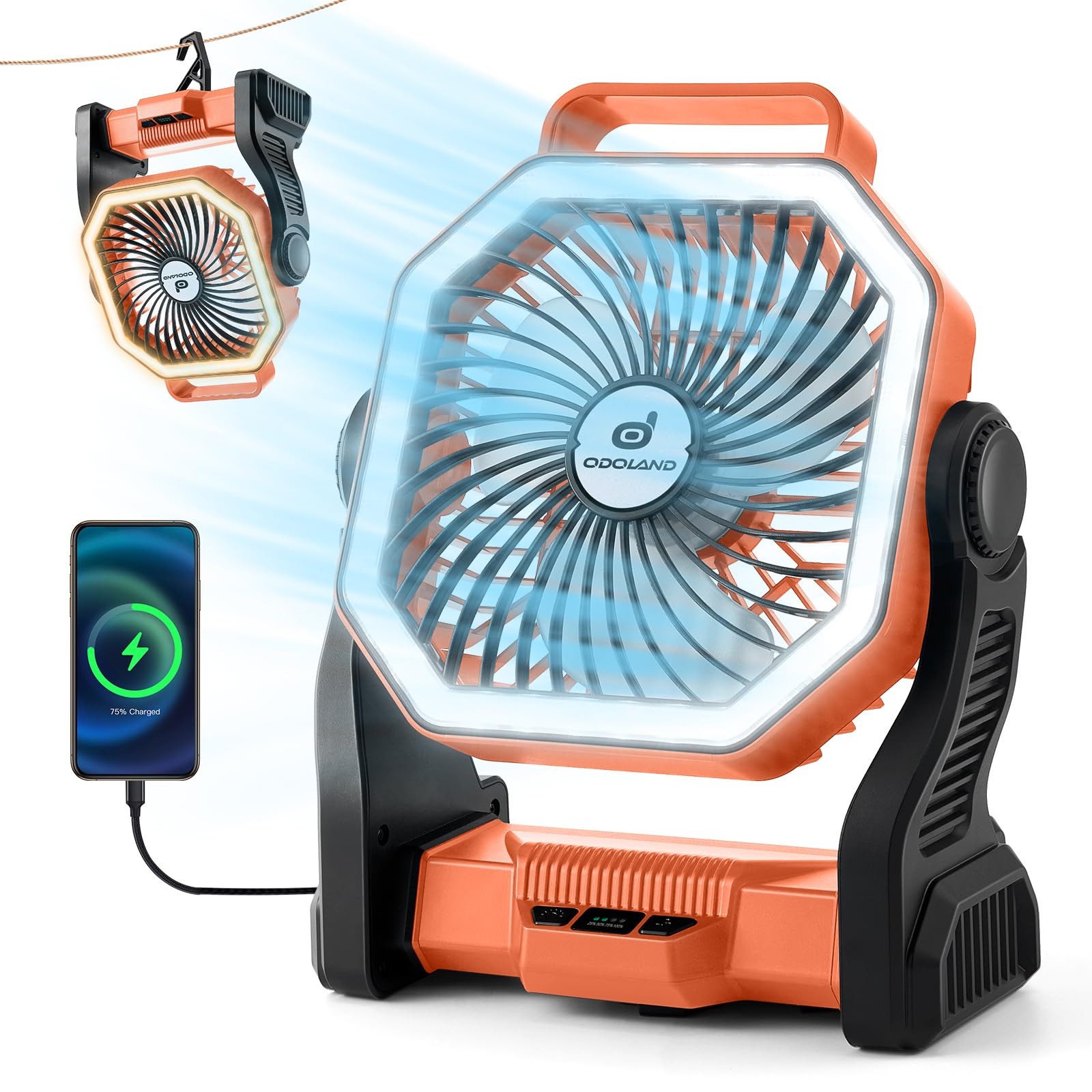 Odoland Rechargeable Camping Fan with LED Lantern, 20000mAh Battery, Portable Plastic Cooling Fan, Orange, Model OD0729E