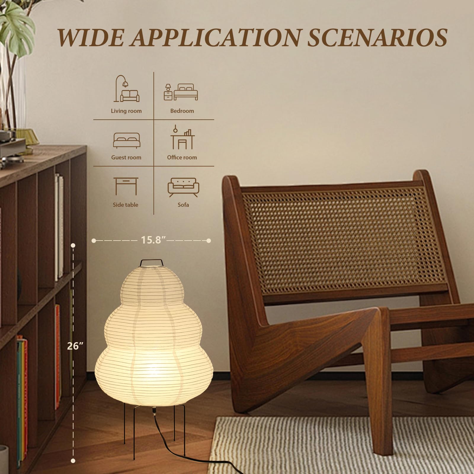 Noguchi Rice Paper Lamp, Akari Floor Lamp, Japanese Lantern Ideal For Bedside, Living Room, And Japandi D  Cor (Bulb Included)