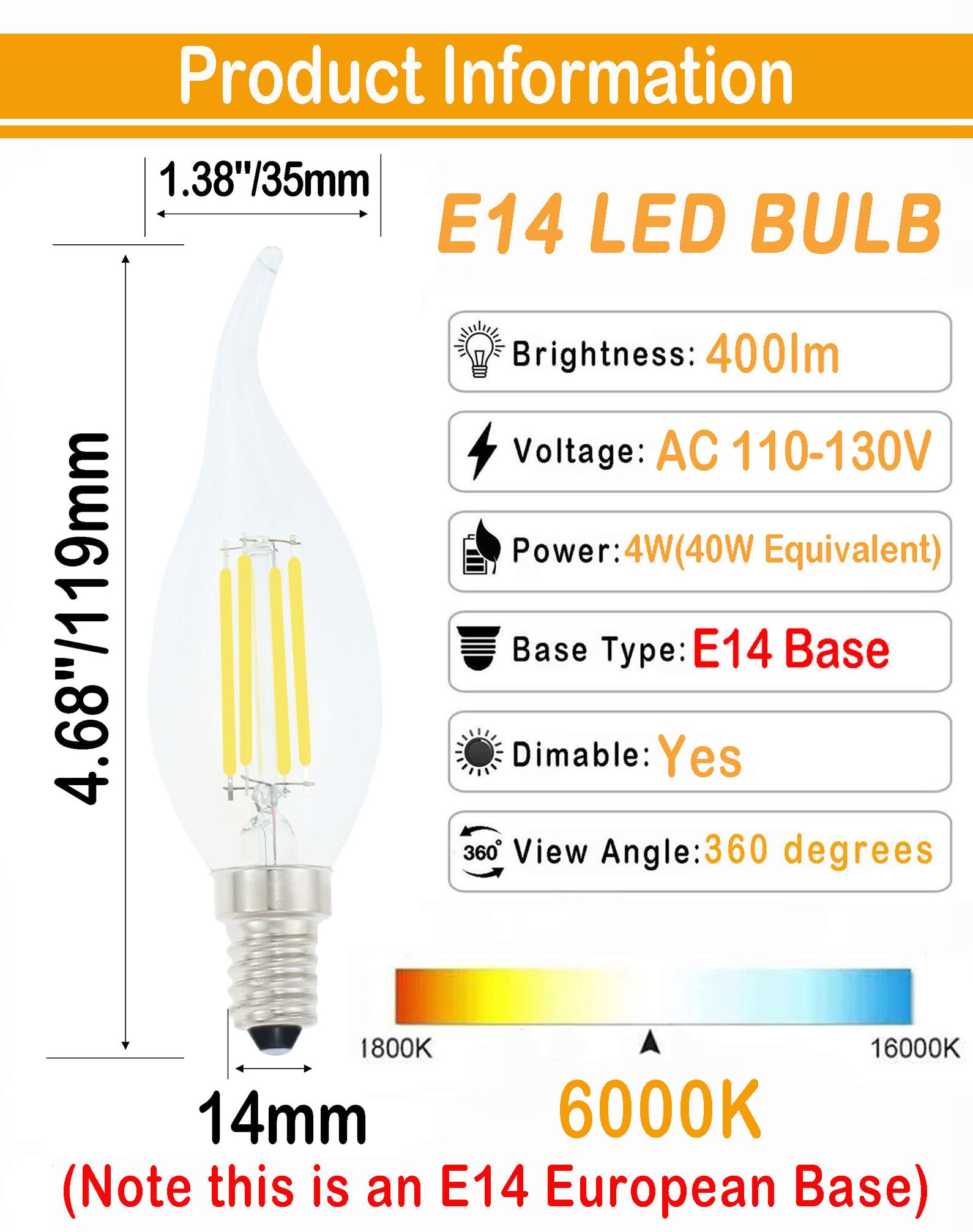 Lamsky E14 LED Bulb 4W Dimmable 40W Equivalent Flame Tip Candelabra 12-Pack 6000K Daylight White