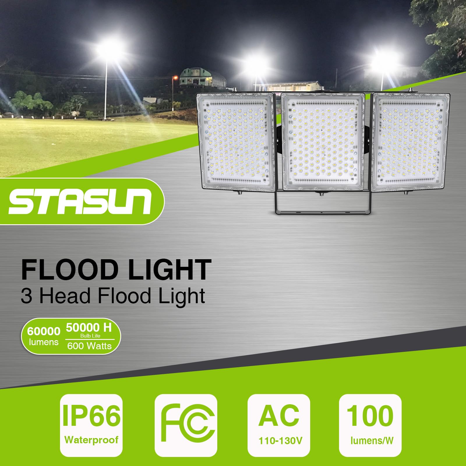 Stasun 600W Led Flood Light 60000Lm, Ip66 Waterproof, 3 Adjustable Heads, 6000K Day