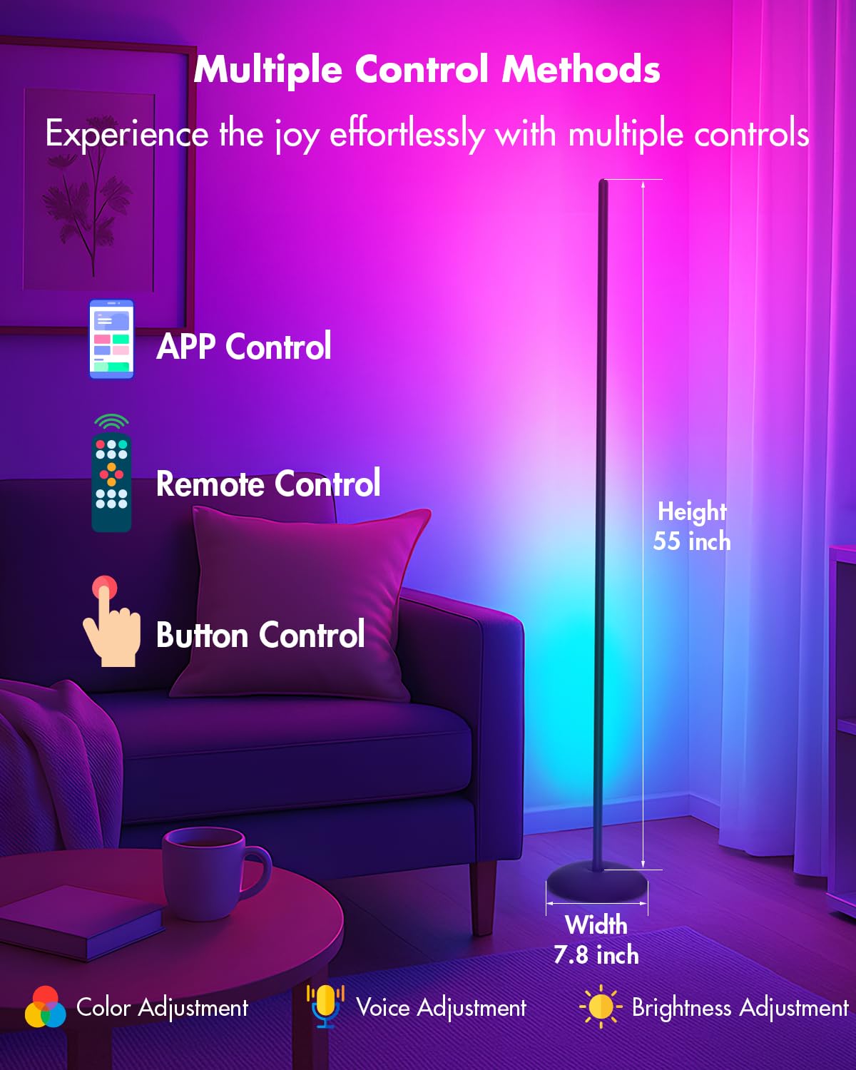 Vexinat Corner Floor Lamp - 2 Pack LED Smart Lamp with App/Remote Control, Music Sync, 16 Million Colors, Black, Model HC601