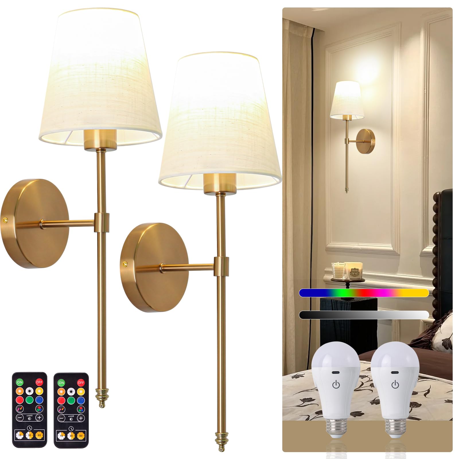 Rizzyluz Battery Operated Wall Sconce Set of 2, Gold, Dimmable, Metal, Model MB-DC16-2 GD, Rechargeable with Remote Control