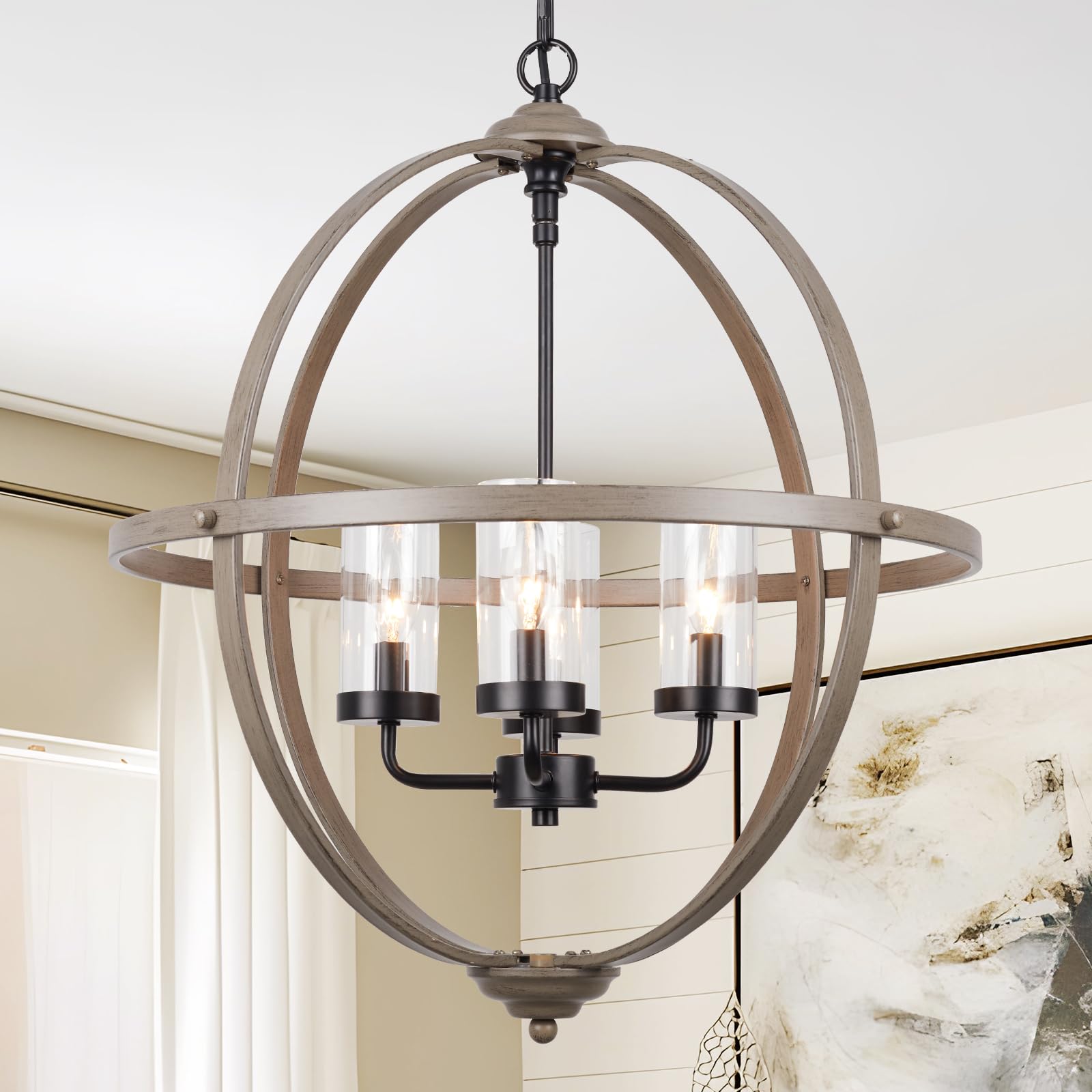 Treekee Farmhouse Chandelier, 4-Light Iron Globe Sphere, 17in Wood Finish for Dining Room, Entryway, Kitchen Island