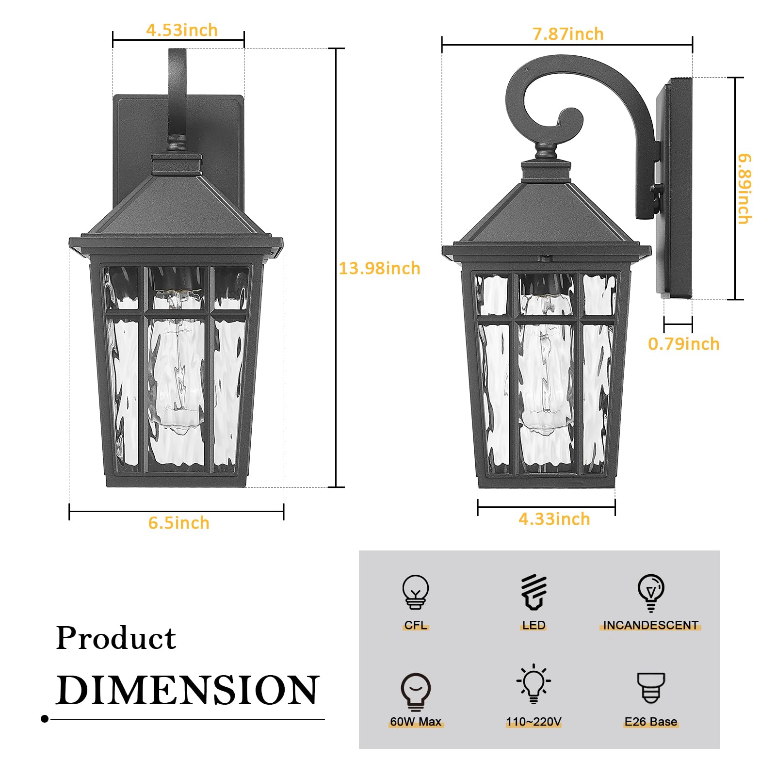 Darkaway Outdoor Wall Lights For House  Exterior Lighting Fixtures Wall Mount Outside Porch Lights Waterproof Black Outdoor Sconce Lights With Water Ripple Glass For Patio Garage Front Door