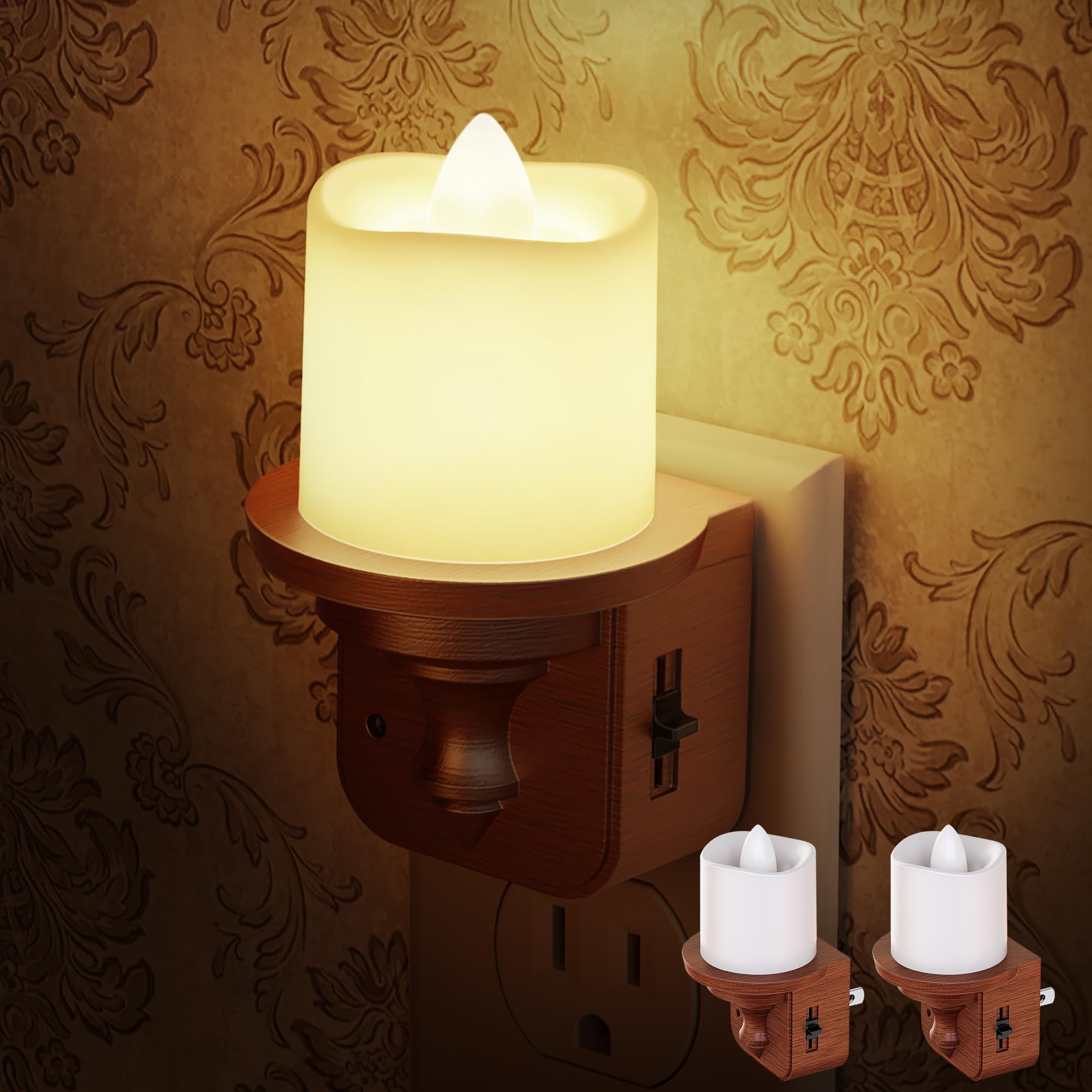 Briignite Vintage LED Night Light Plug-in 2 Pack, Dimmable 0-100LM, 3000K Soft White, Warm Woodgrain Color