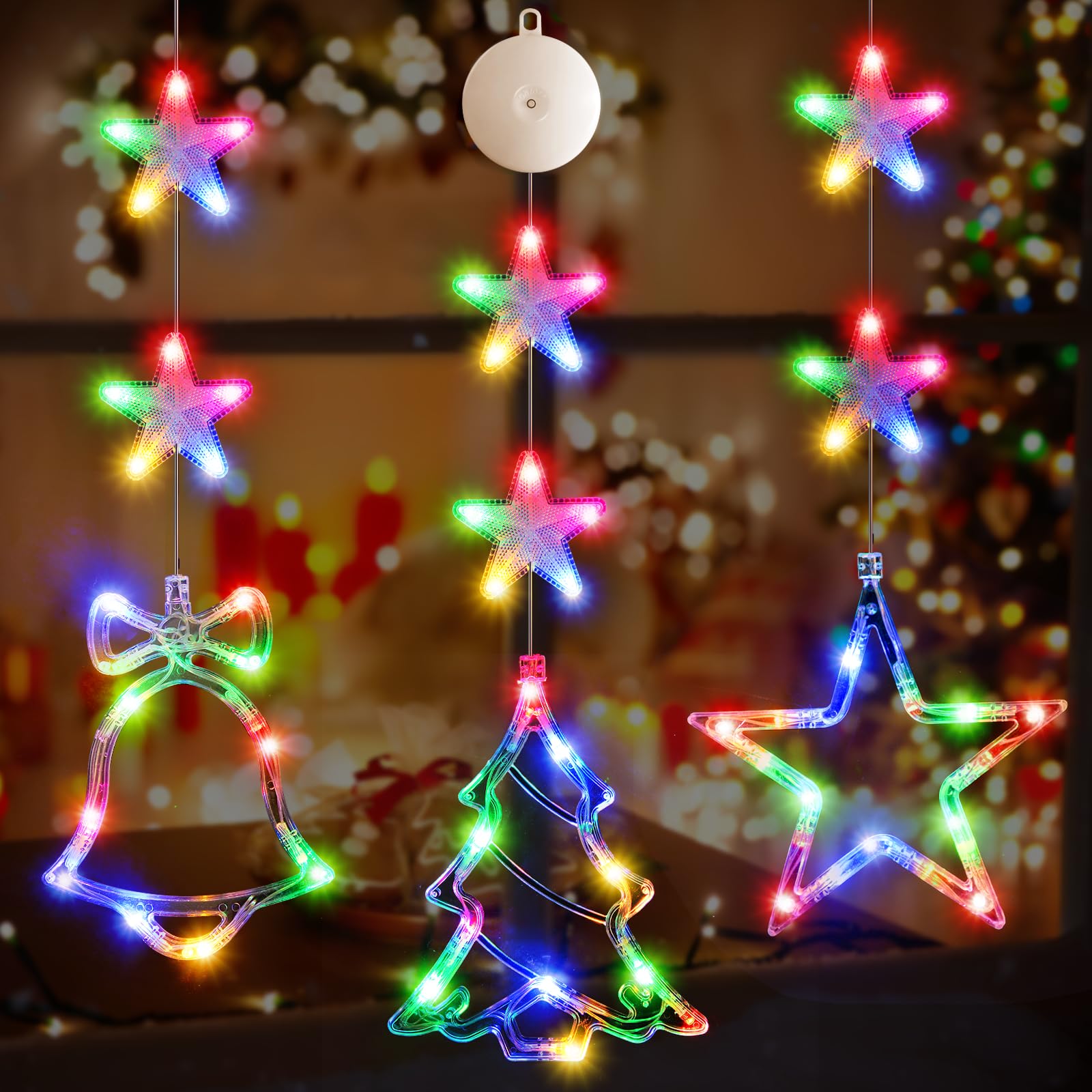 LYUBASA [Timer 3Pcs Christmas Window Lights Decorations, Battery Powered Christmas Window Hanging Multicolor Lighted Tree Bell Star Shaped LED Sucker for Xmas Tree Window Fireplace Indoor Decor