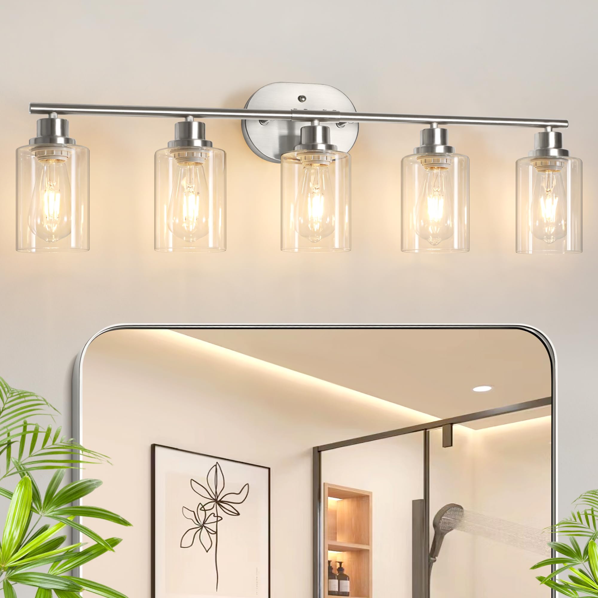 Unicozin Bathroom Light Fixtures  5 Light Vanity Lights for Bathroom  Brushed Nickel Wall Lamp with Clear Glass for Mirror  Living Room  Hallway  Cabinet  E26 Base