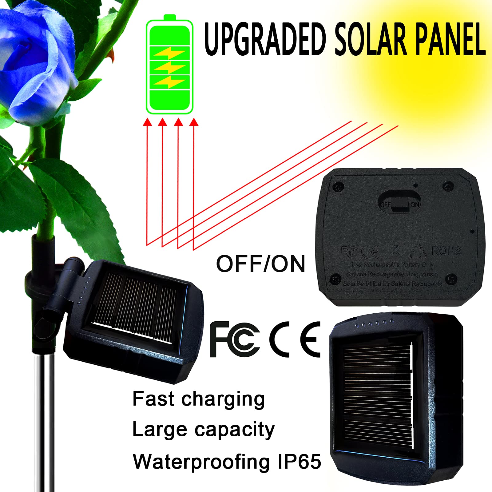 Nqn Upgraded 4 Pack White Outdoor Solar Powered 7 Rose Flowers Garden Stake Light, Led Solar Powered Light Decorative Flower Lam