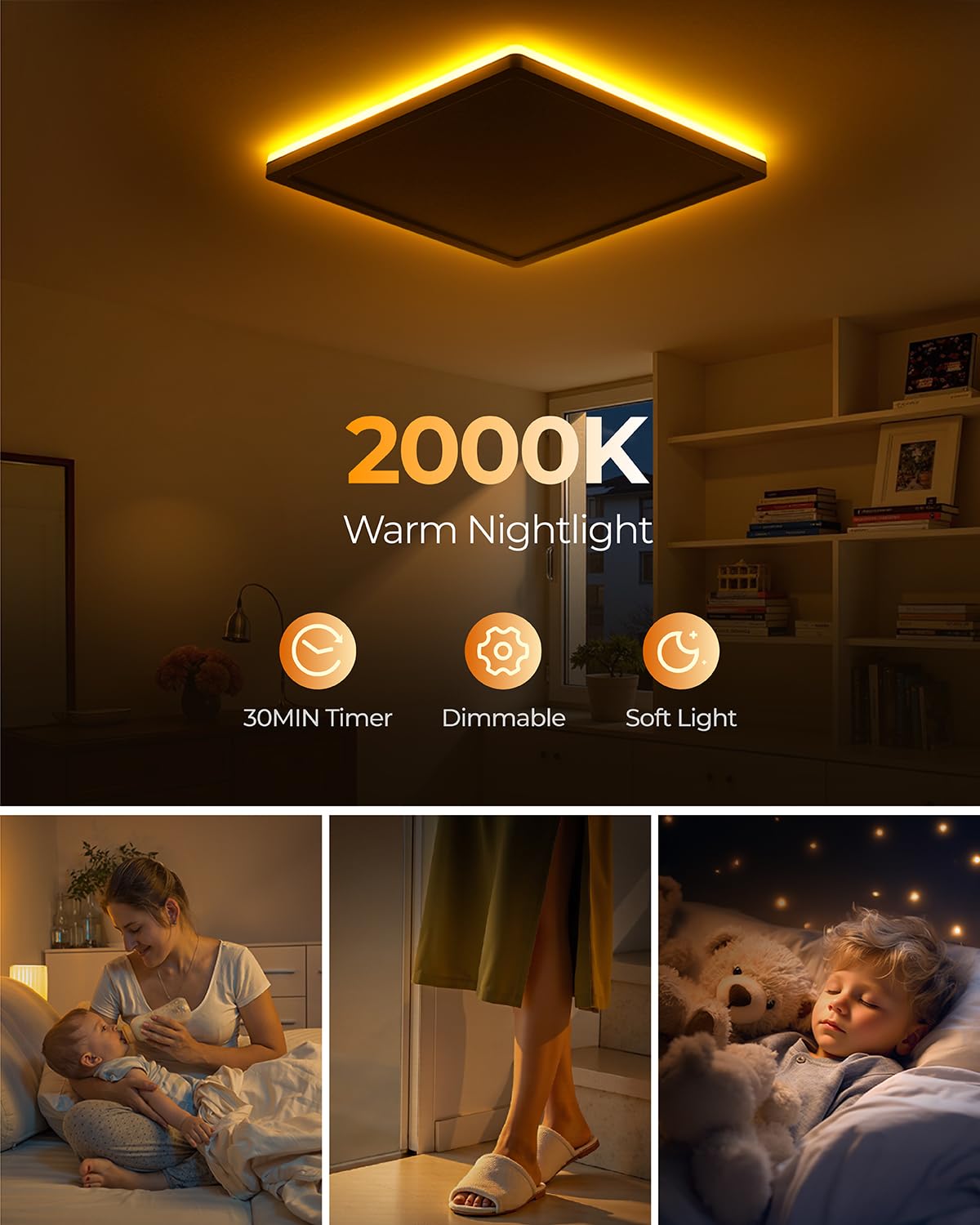 Blnan Dimmable Led Flush Mount Ceiling Light Fixture With Remote Control, 12 Inch 24W 3000K-6500K, 2000K Nightlight Wired Low Pr