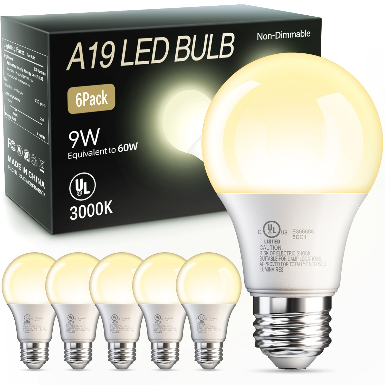 Tjoy 6 Pack A19 Led Light Bulbs, 60 Watt Equivalent Led Bulb, Warm White 3000K, Efficient 9W, E26 Standard Base, Non Dimmable En