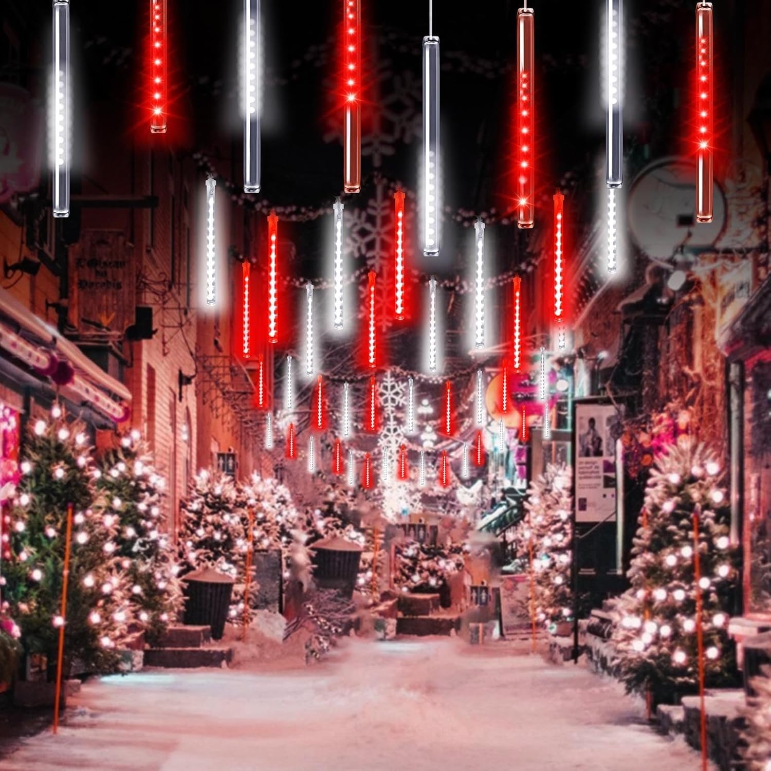 EXF Solar Meteor Shower Lights, 384LED Icicle String Light, 1 Pack Solar Powered, Waterproof, Red and White, Model MSL-01