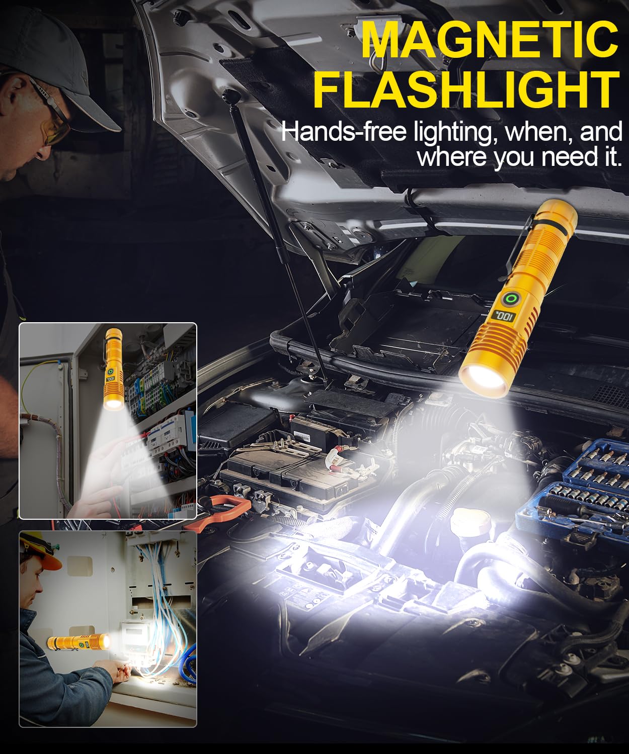 Spriak Rechargeable Flashlight High Lumens-Super Bright Magnetic Flash Light with Power Digital Display, Long Range,Dimmable,Wat