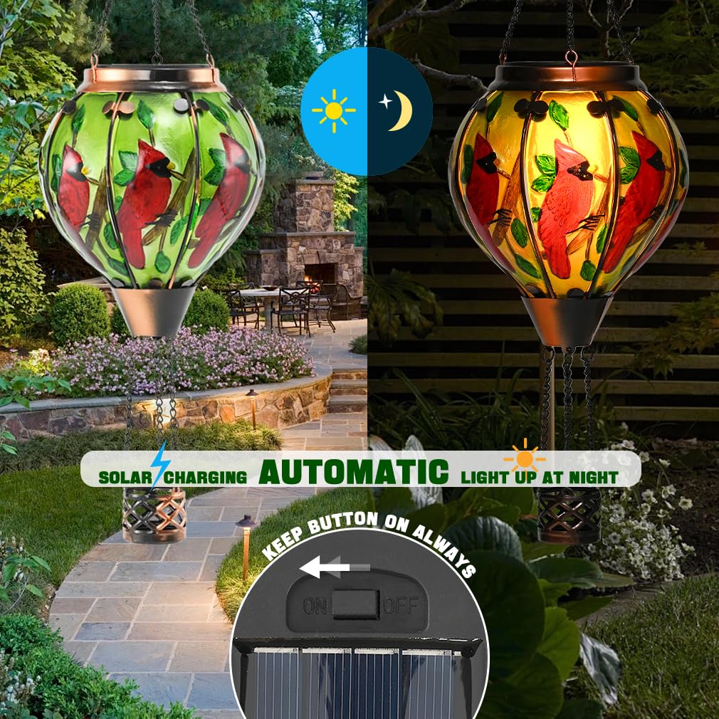 Bathtoo Hot Air Balloon Solar Lantern - Large Cardinal Glass, Waterproof IP65, Simulated Flickering Flame for Patio & Porch Decor