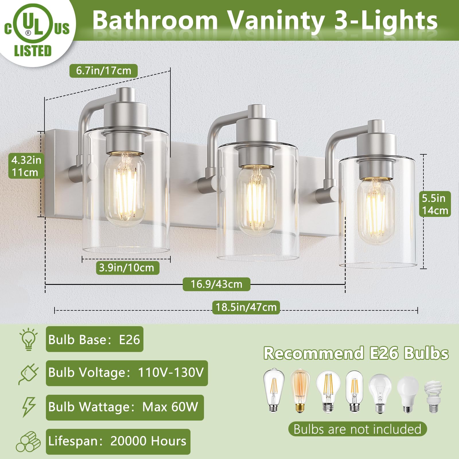 Dpyrrhic 3-Light Bathroom Light Fixtures, Brushed Nickel Wall Sconces with Clear Glass Shade, Model JD-190