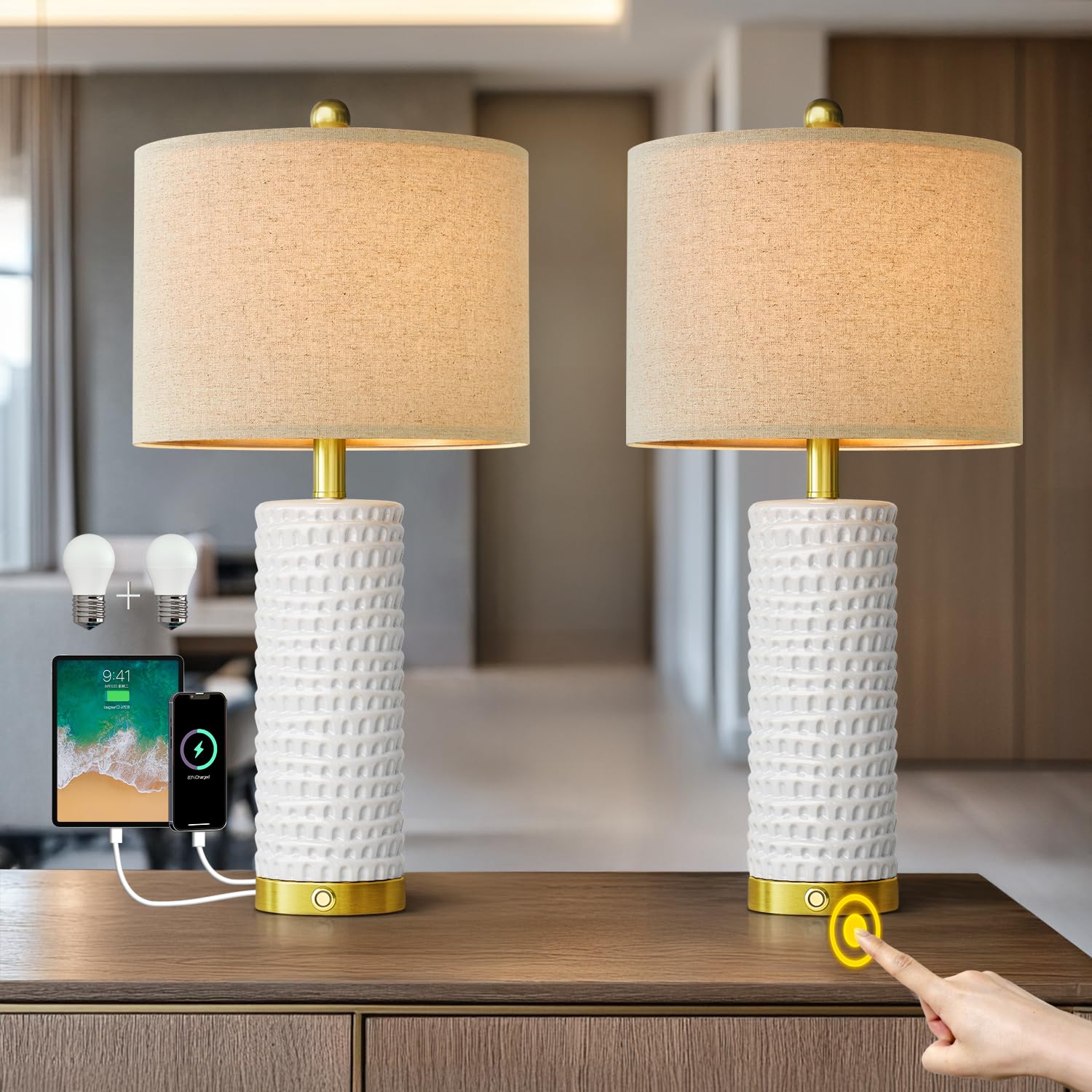 PORTRES Modern Ceramic Table Lamp Set of 2, 3-Way Dimmable, USB Charging Ports, Large, White and Gold