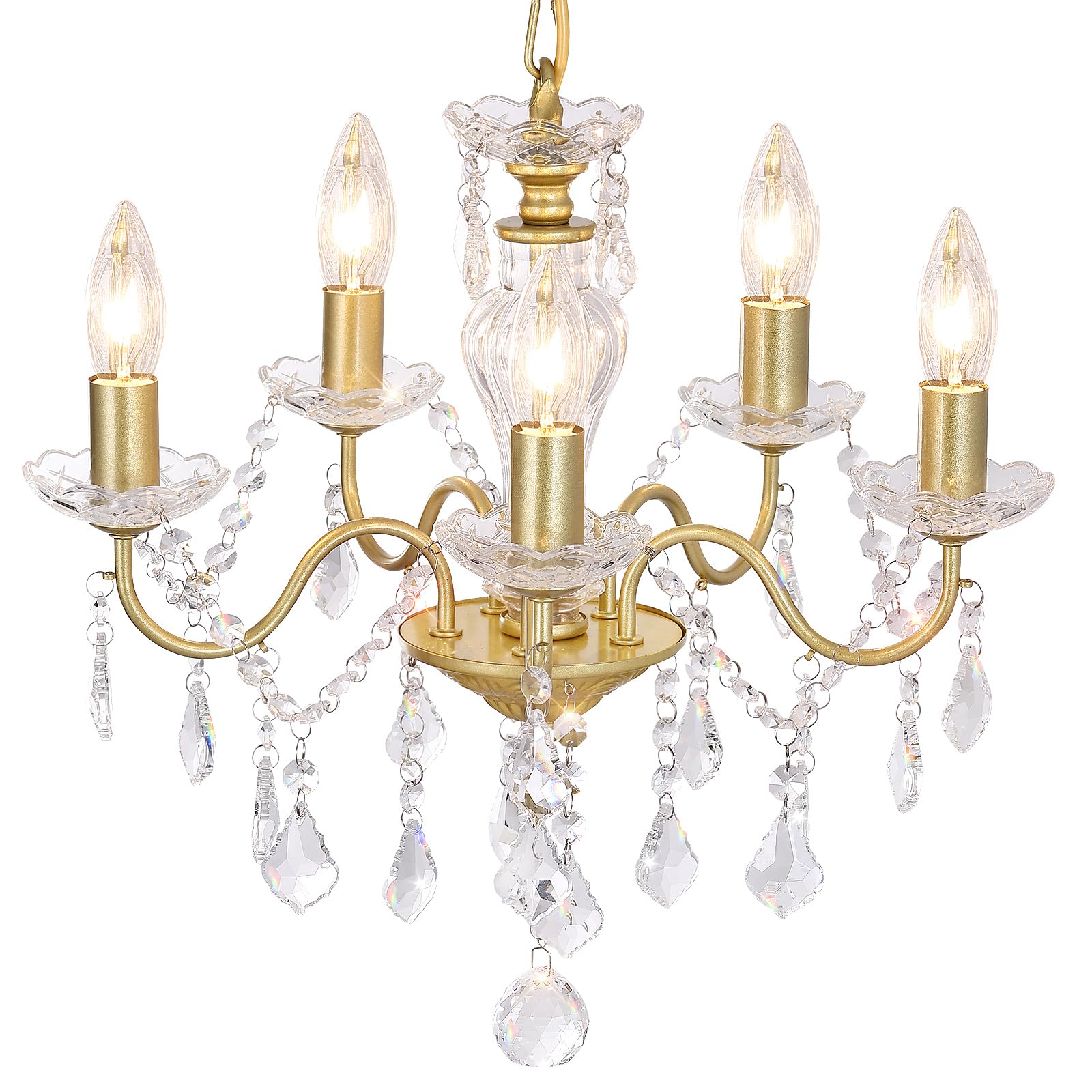 Chanlited Modern 5-Light Gold Chandelier with Glass Crystals, Candle Style Pendant Light Fixtures for Living Room, Girls Room, K
