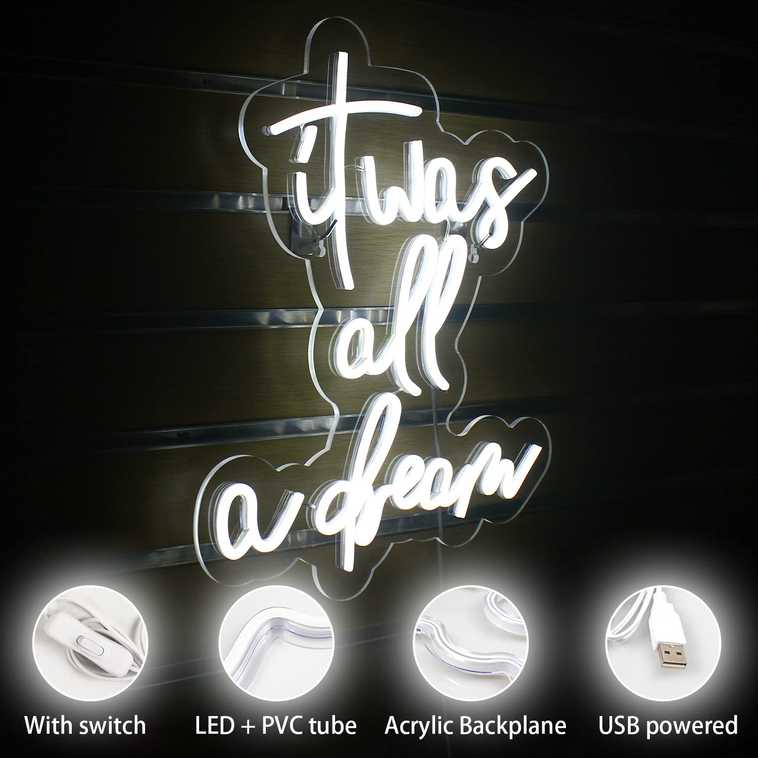 LUCUNSTAR Neon Sign - It Was All A Dream LED Wall Decor - White Dream Light for Bedroom, Office, Cafe, Wedding, Party