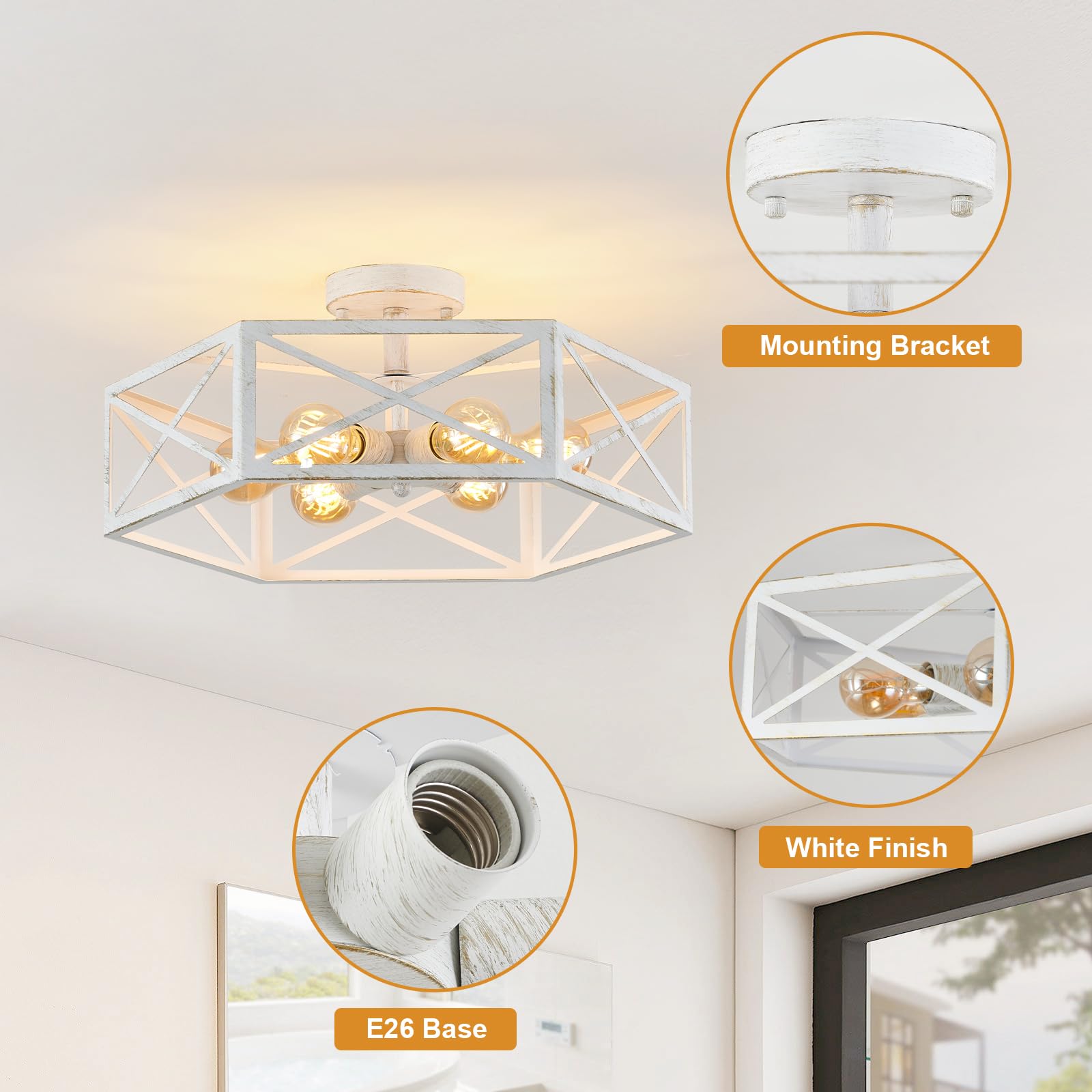 Xsdetu 19.68'' Semi Flush Mount Ceiling Light, Farmhouse 6-Light White Kitchen Lighting Fixtures Ceiling Mount, Modern Flush Mount Light Fixture, Metal Hexagon Cage Ceiling Lamp For Hallway