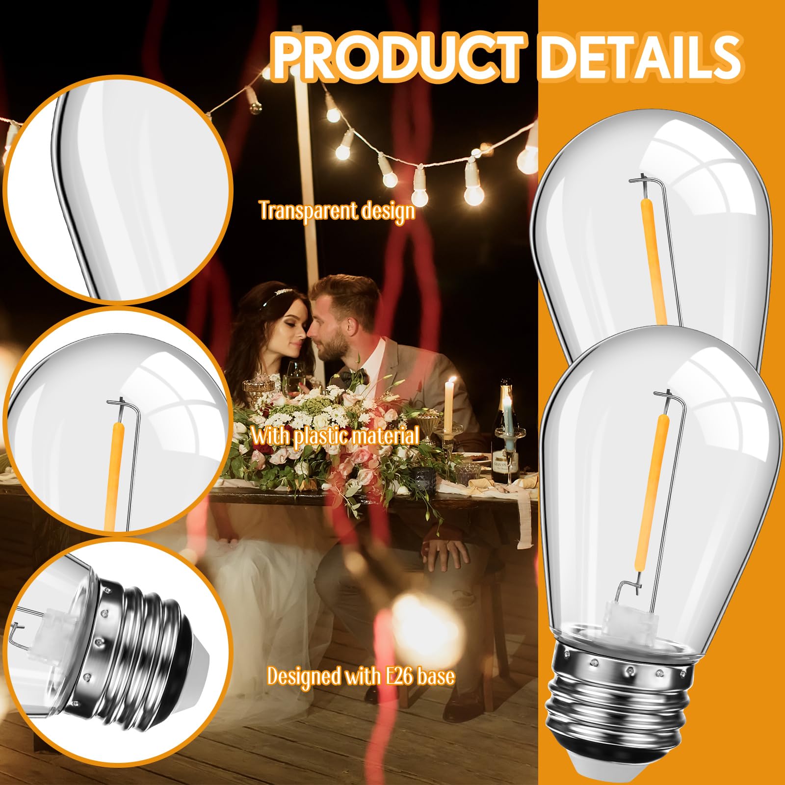 Mudder 60 Pack LED Replacement Light Bulbs S14 Waterproof Shatterproof E26 110V Warm White