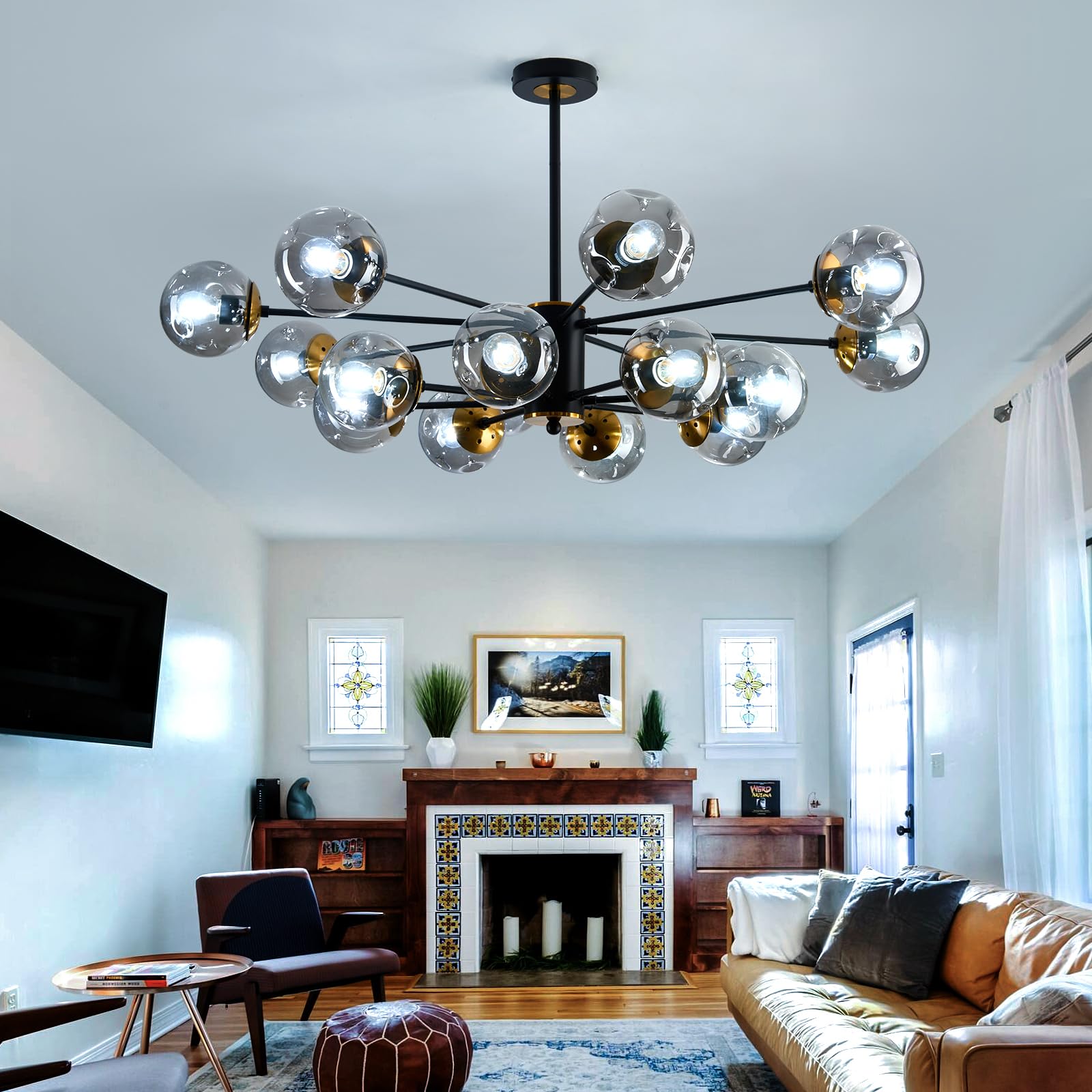 SZXYKEJI 16-Light Glass Globe Chandelier, Mid Century Black and Gold Pendant Light for Living Room, Kitchen, Dining Room, Bedroom