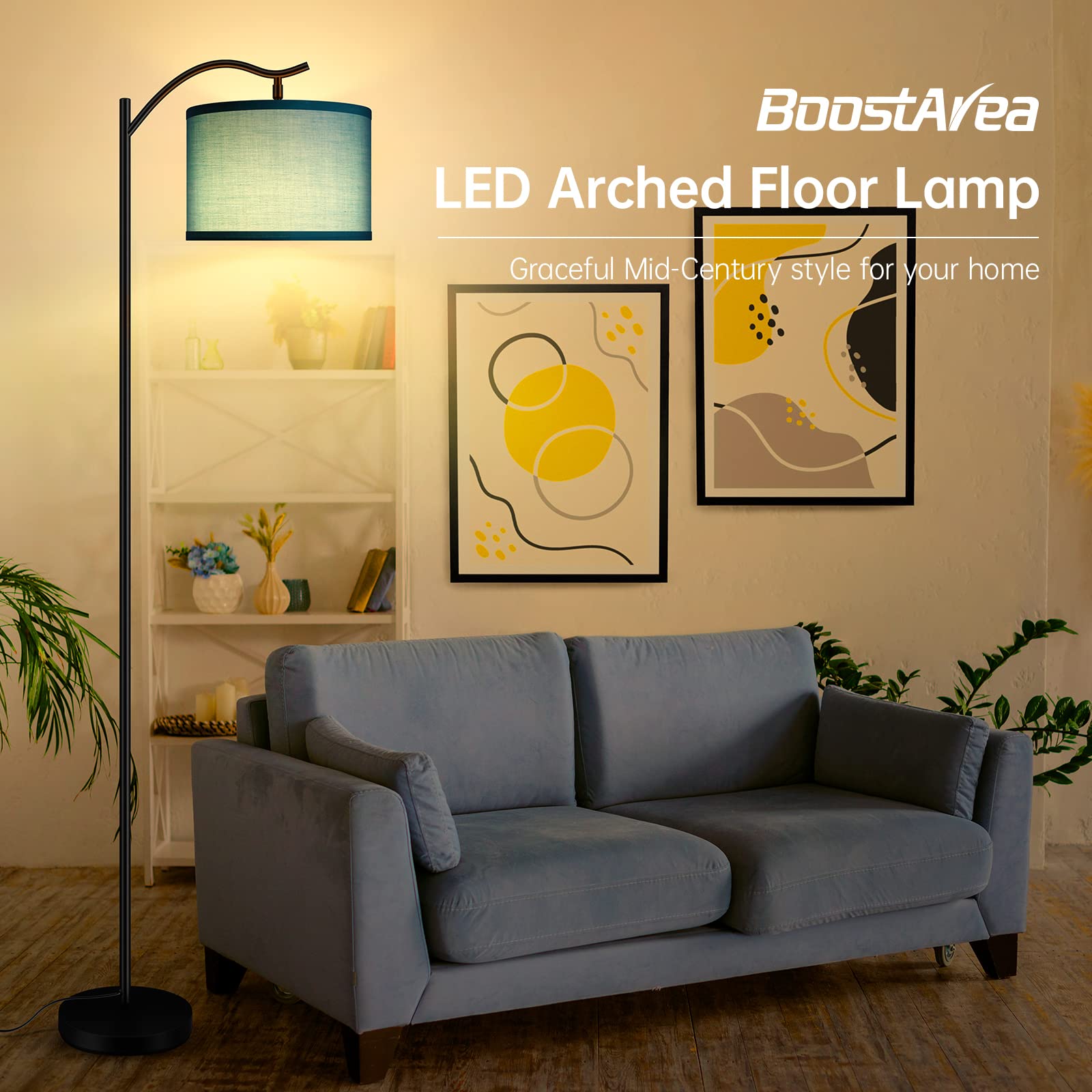 Floor Lamp For Living Room,Led Arched Floor Lamp,Tall Modern Standing Lamp With Green Linen Shade,E26 Socket, Footswitch,Montage