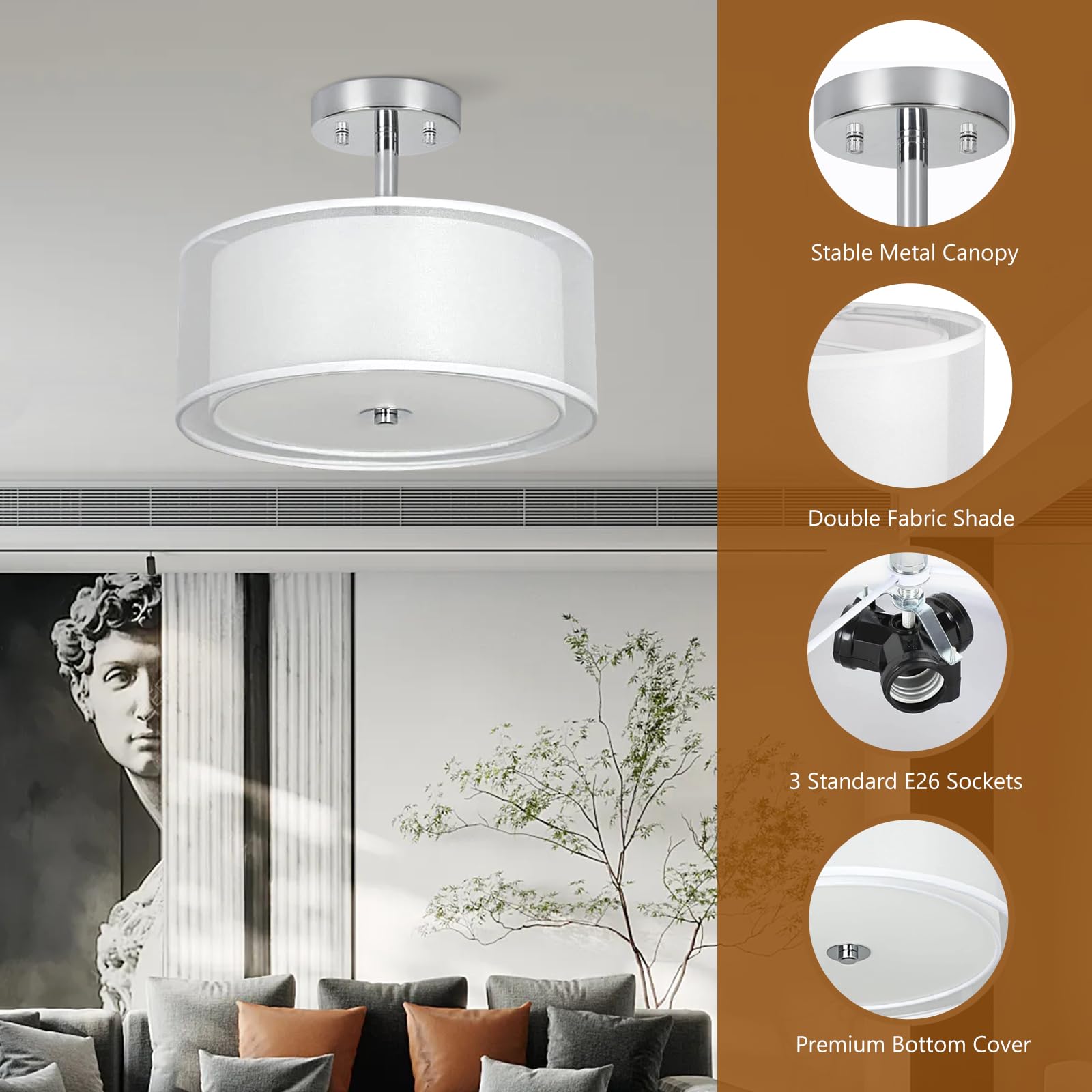 Ceiling Light, 3-Light Ceiling Light Fixture, Semi Flush Mount Ceiling Light, Light Fixtures Ceiling Mount With Double Fabric Shade, Bedroom Lights For Ceiling,White Ceiling Light Fixtures For Bedroom