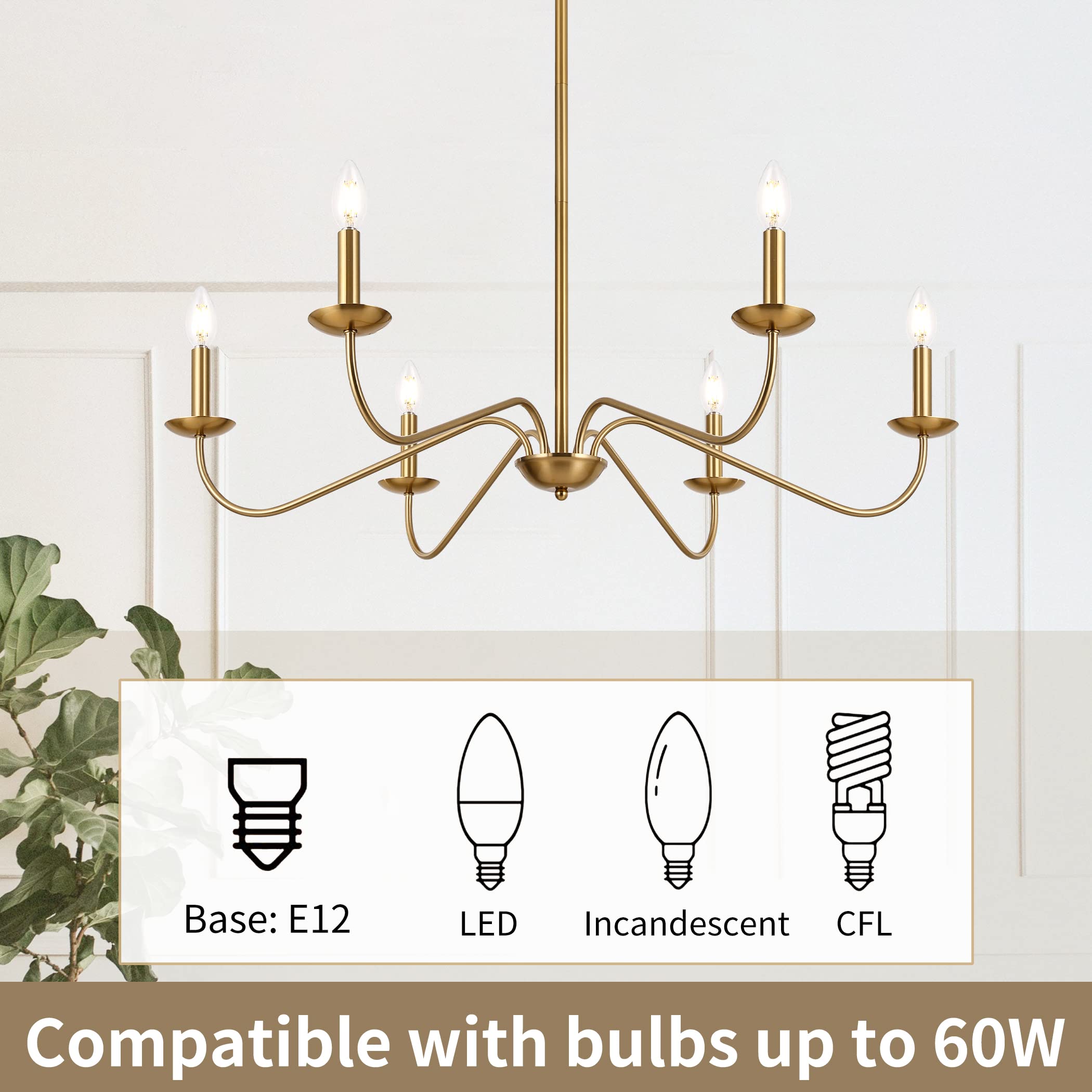 Jonsi Modern Gold Chandelier Light Fixture, 35 Inch Brushed Brass for Dining Room, Model X007P-6AGB