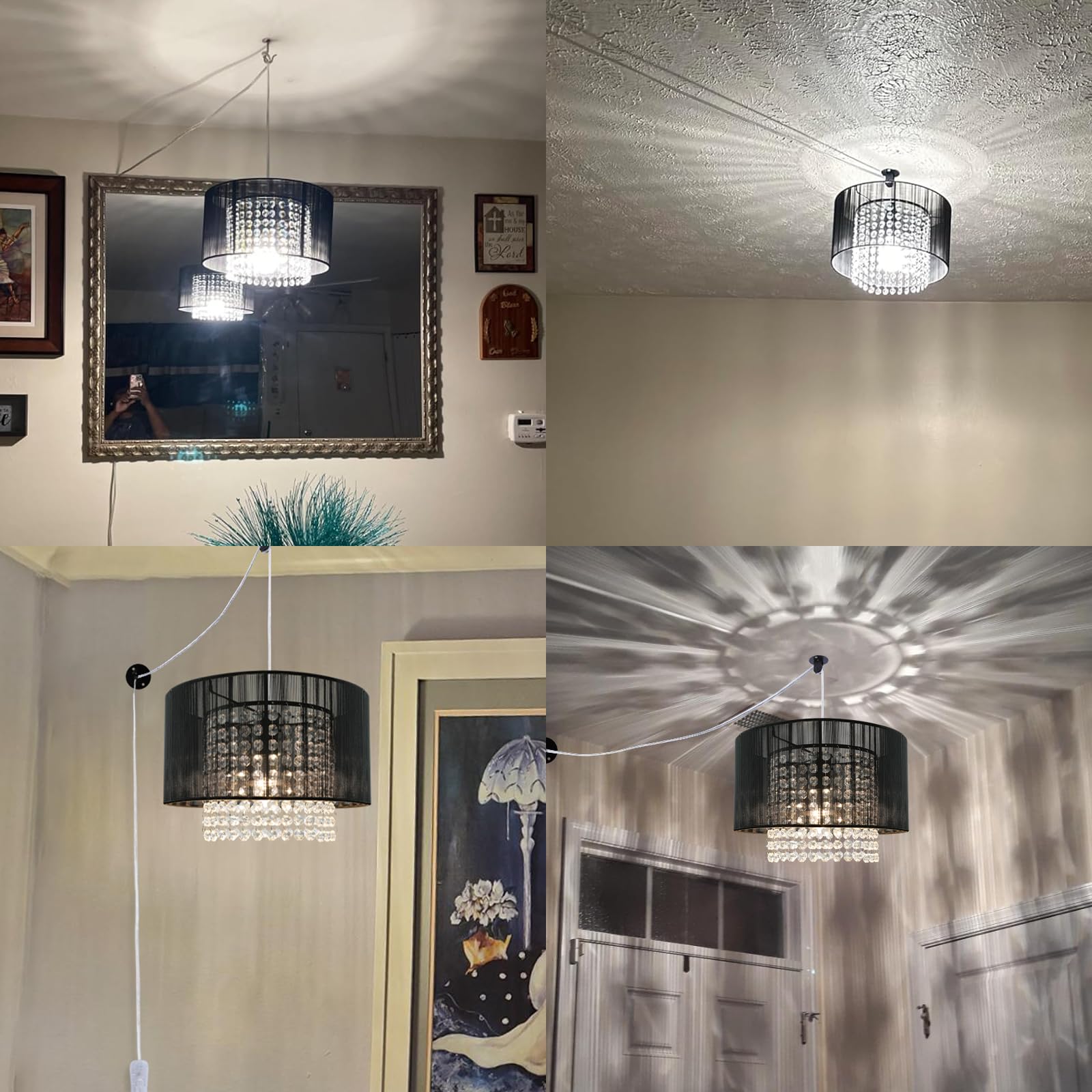 TISLYCO Plug-in Chandelier, 15ft Cord Crystal Pendant Light, Black, Perfect for Bedroom or Living Room