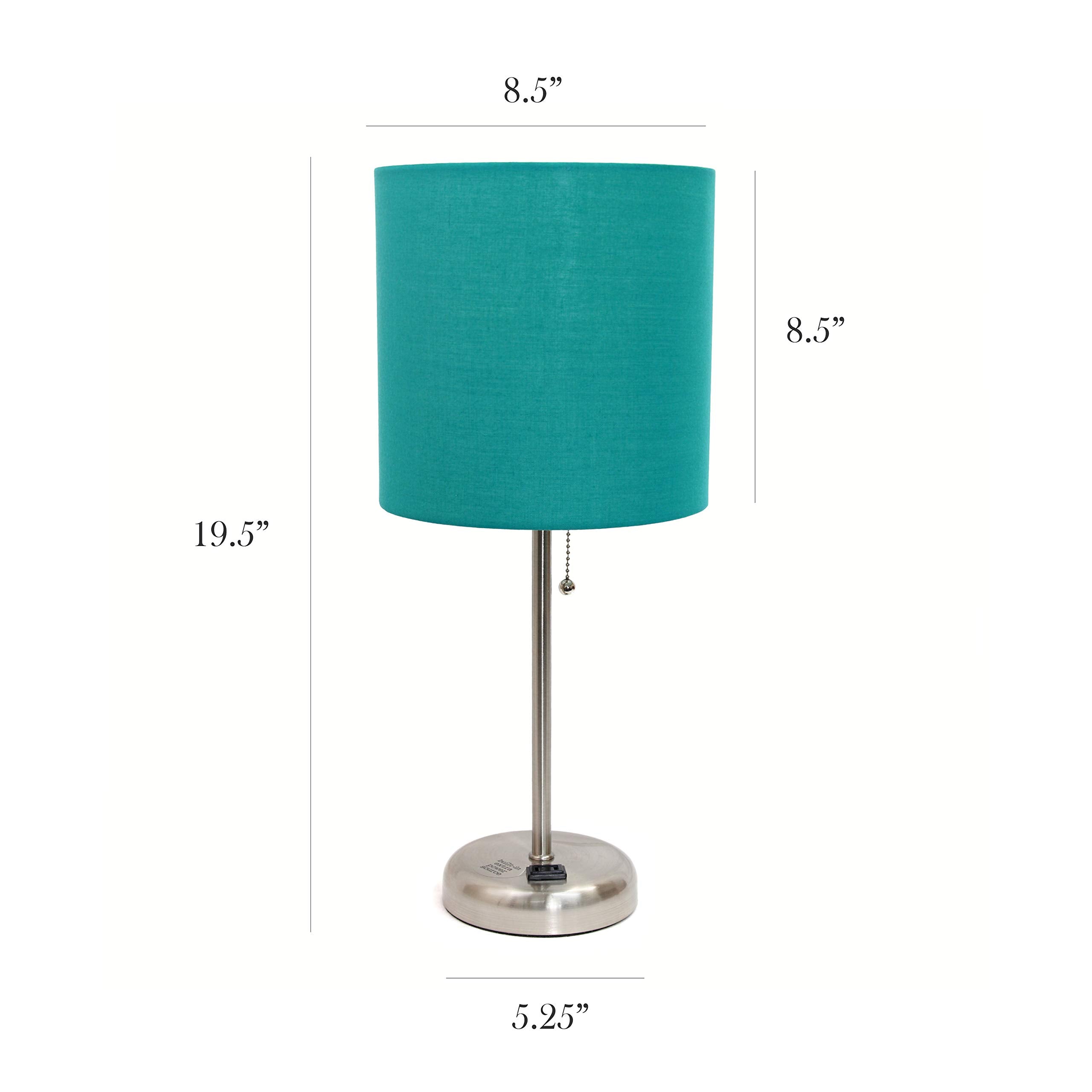 Simple Designs Lc2001-Tel-2Pk Brushed Steel Stick Table Lamp Set With Charging Outlet And Teal Fabric Shades, 2 Pack Set
