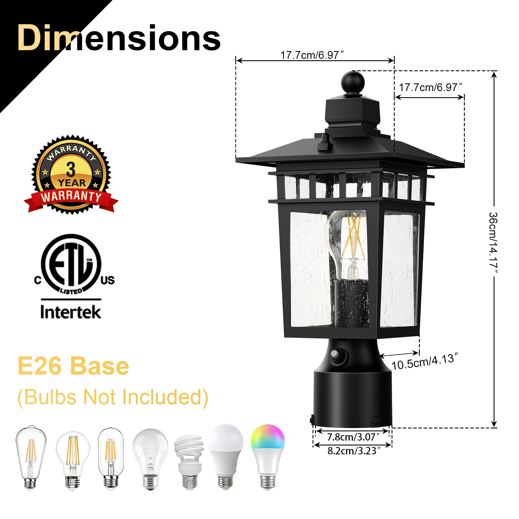 APOTO Dusk to Dawn Outdoor Post Light Fixture, 14.2-Inch Aluminum, Black, Hard Wired, 1-Pack
