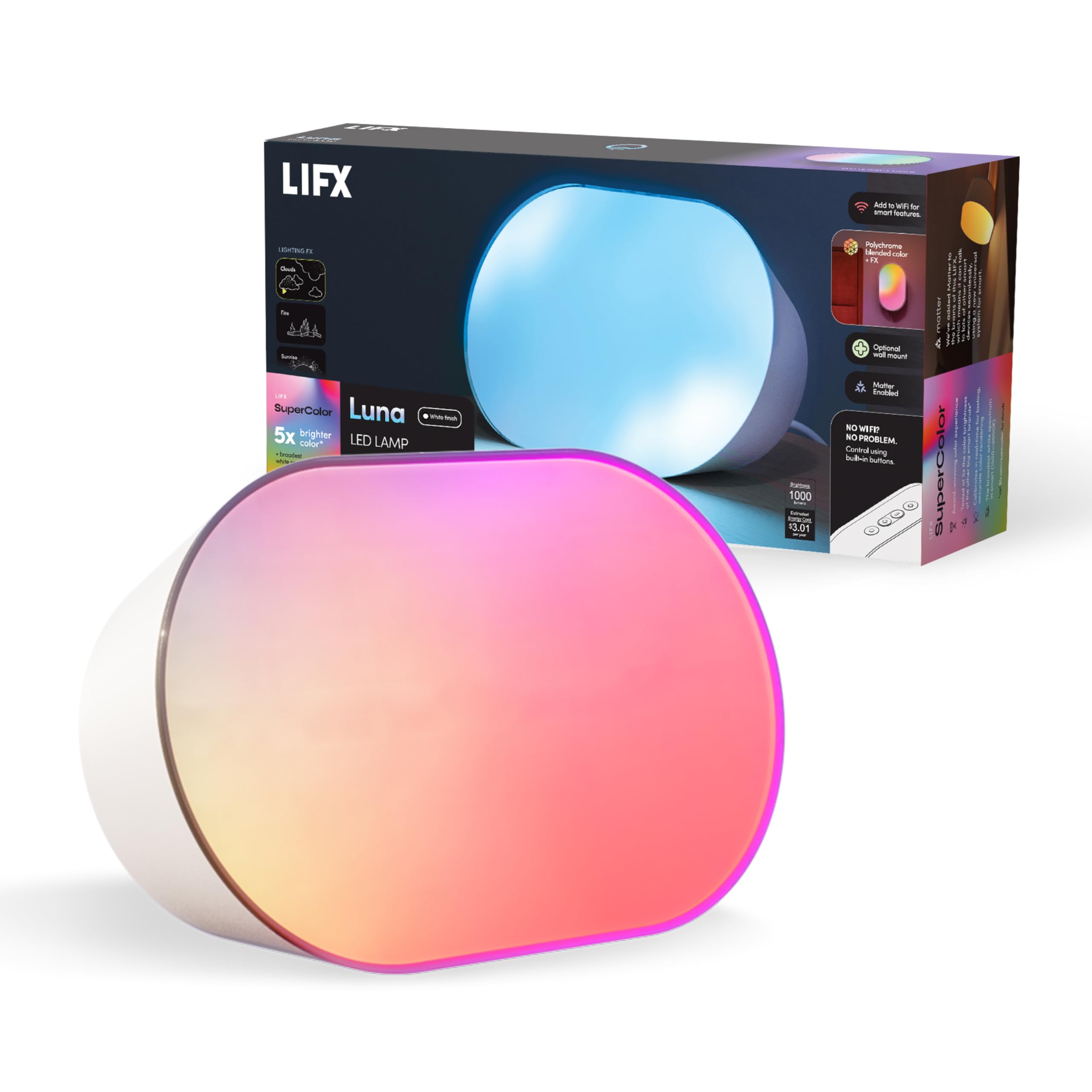 LIFX Luna Smart Lamp, 1000 LM Wi-Fi & Matter 1.3 Compatible, Alexa & Apple HomeKit Compatible, Plug-In Bedside Table Lamp & Wall
