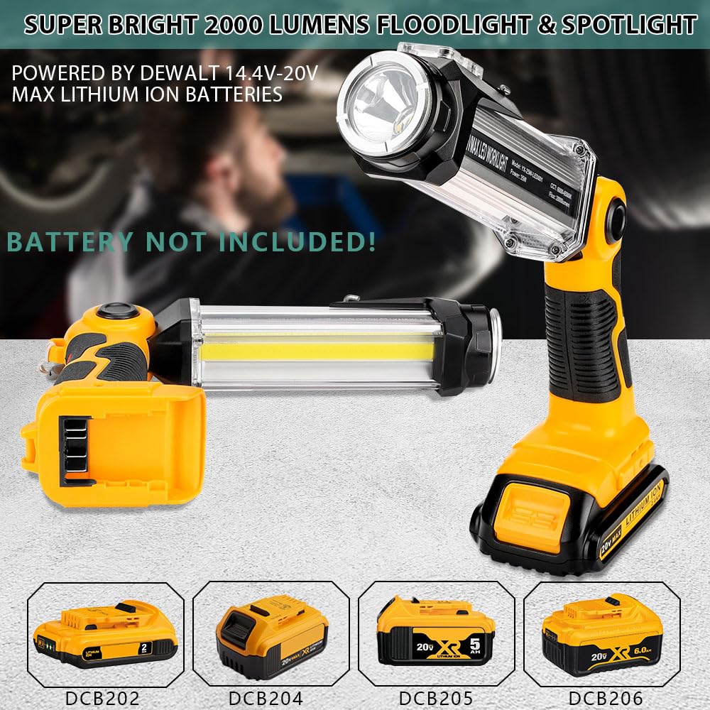 Flashlight For Dewalt 20V Battery, 35W 2000Lm Portable Light With 3 Modes Lighting, Usb-A Charging Port, Hook For Car Repairing, Garage, Jobsite, Power Outages