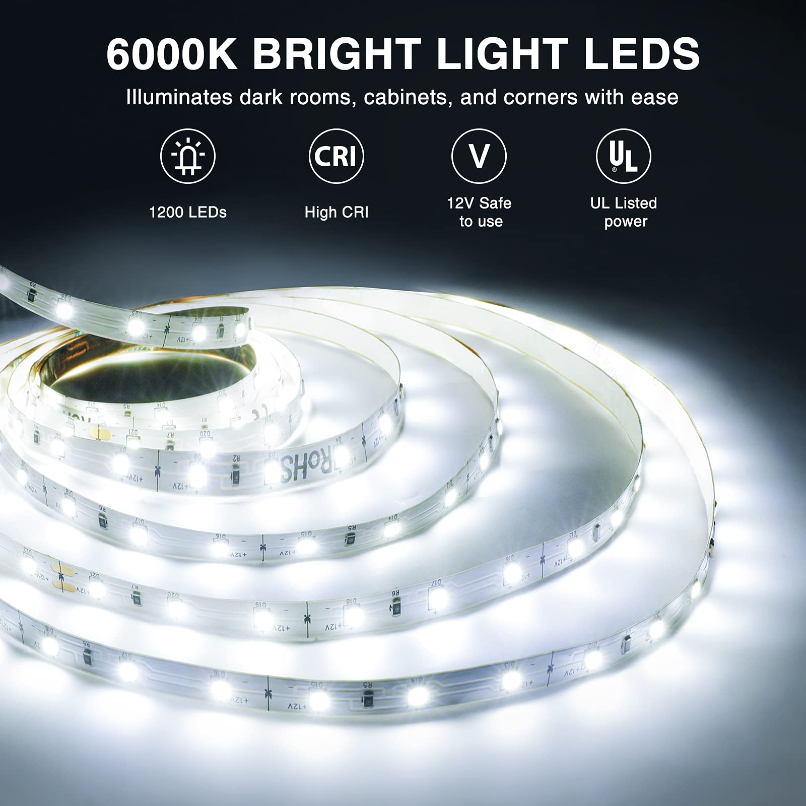 Onforu LED Strip Lighting 65.6ft 6000K Dimmable Daylight White Tape Light, Model DT20, Flexible Plastic for Kitchen and Bedroom